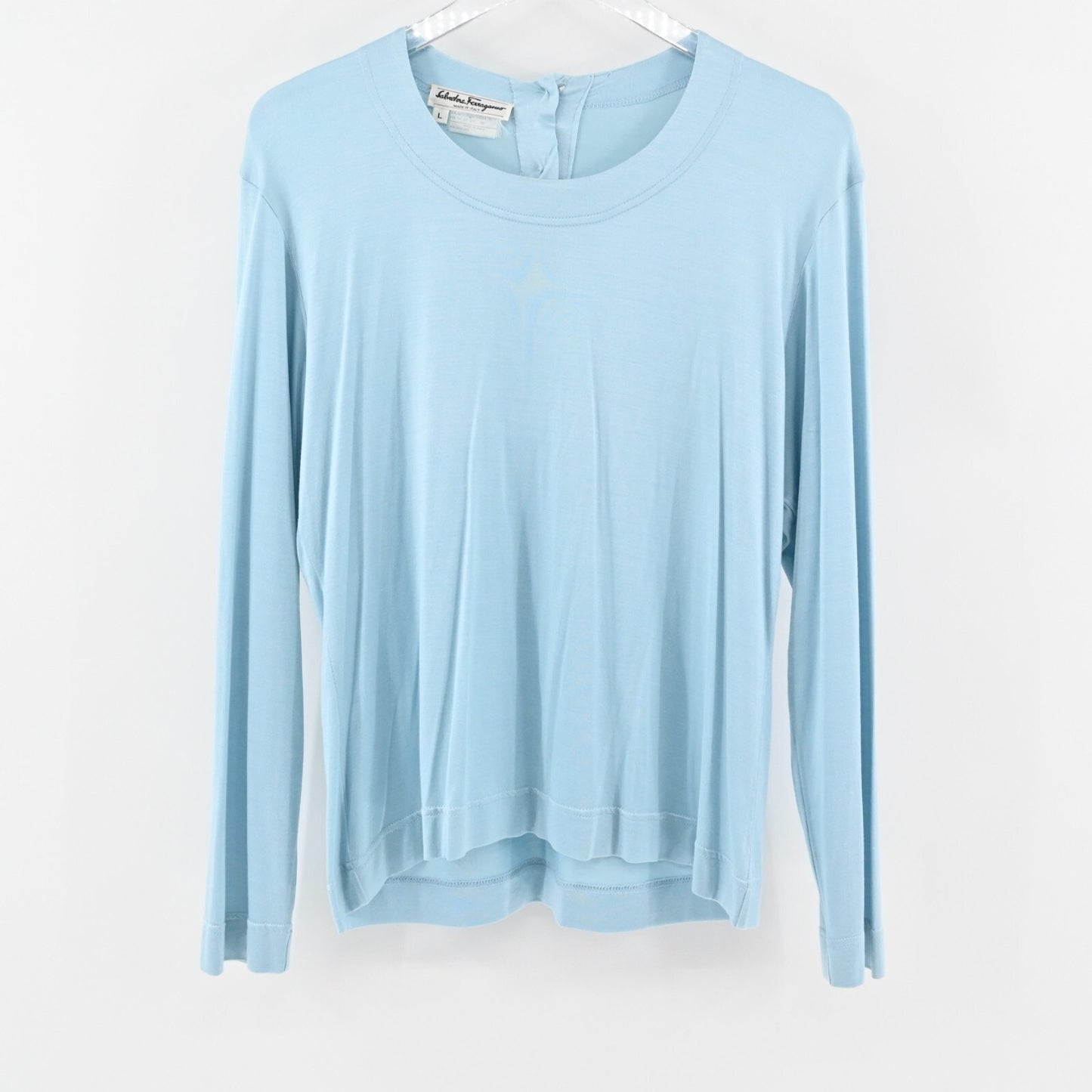 Vtg SALVATORE FERRAGAMO Top Womens Sz L Silk Blue Blouse Minimalist Quiet Luxury