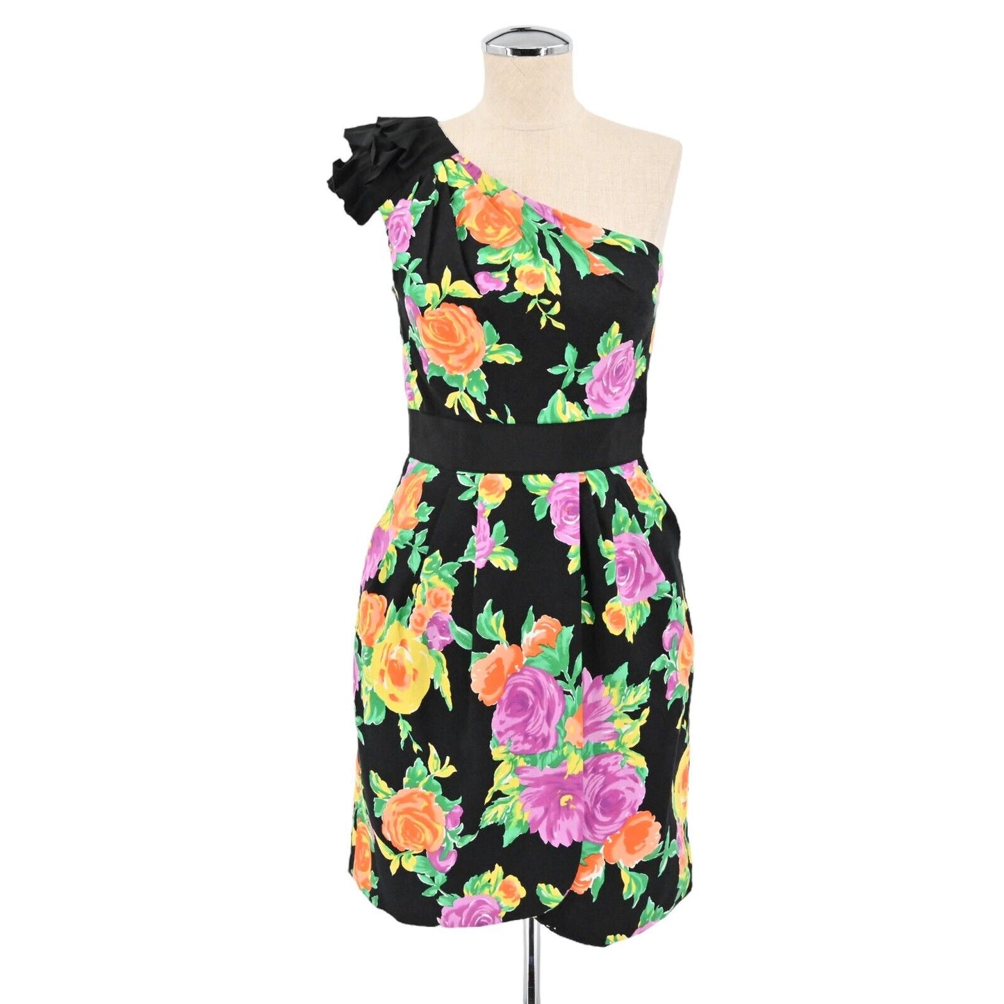 PHOEBE COUTURE Womens Size 2 One Shoulder Black Floral Dress Gathered Pleated
