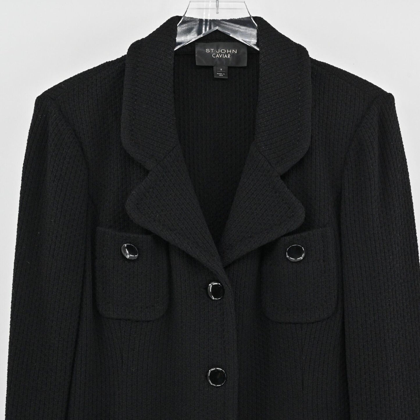 ST JOHN Caviar Parisian Santana Knit Blazer Jacket 3-Button In Black Womens Sz 8