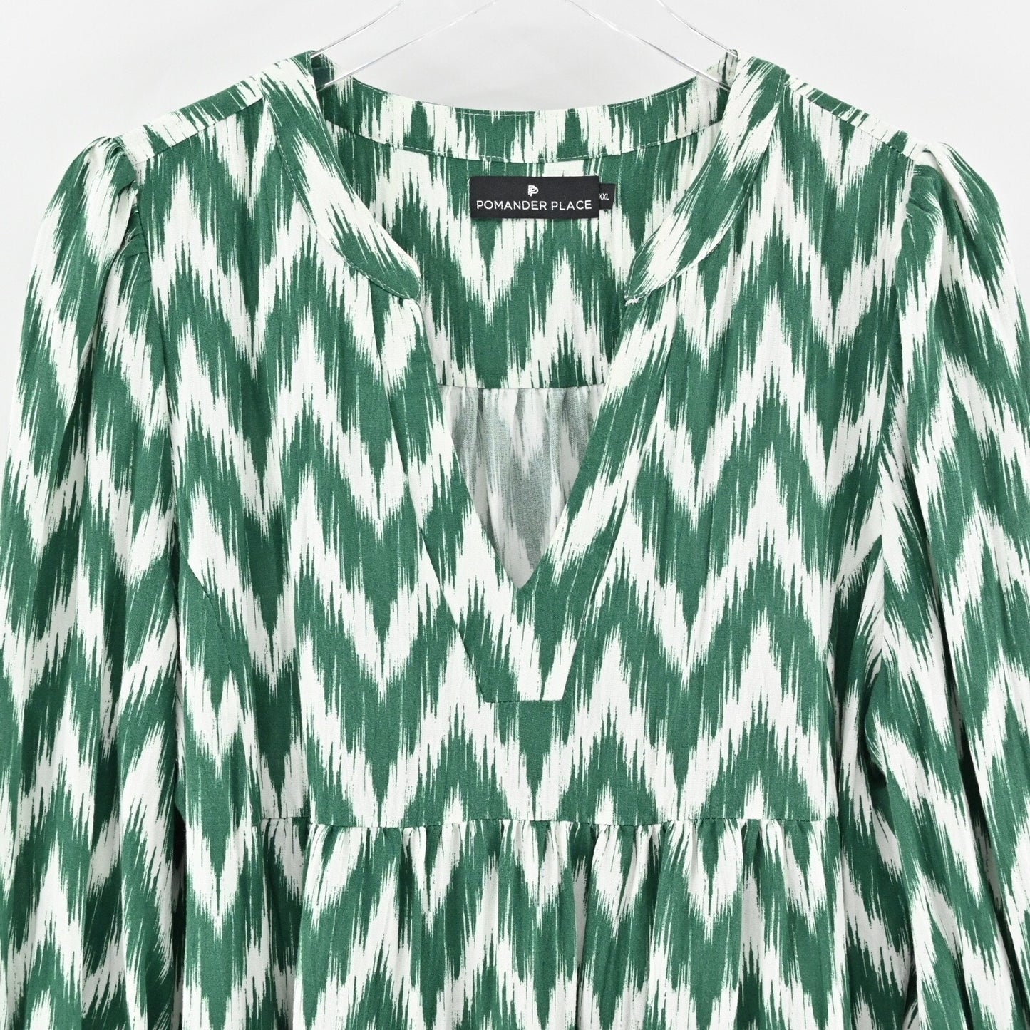 POMANDER PLACE Ikat Kenzo Dress Sz 2XL Green Chevron Ruffle Tiered Tuckernuck