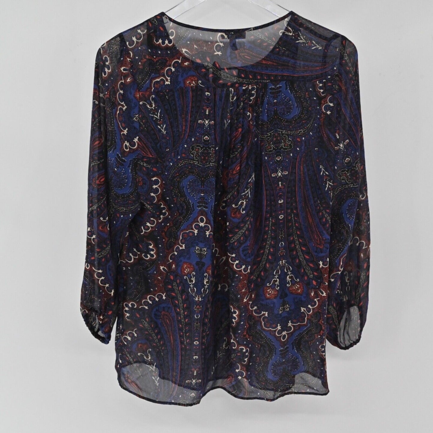 JOIE Top Womens Size XS Blue Paisley Sheer 100% Silk Chiffon Tie Neck 3/4 Sleeve