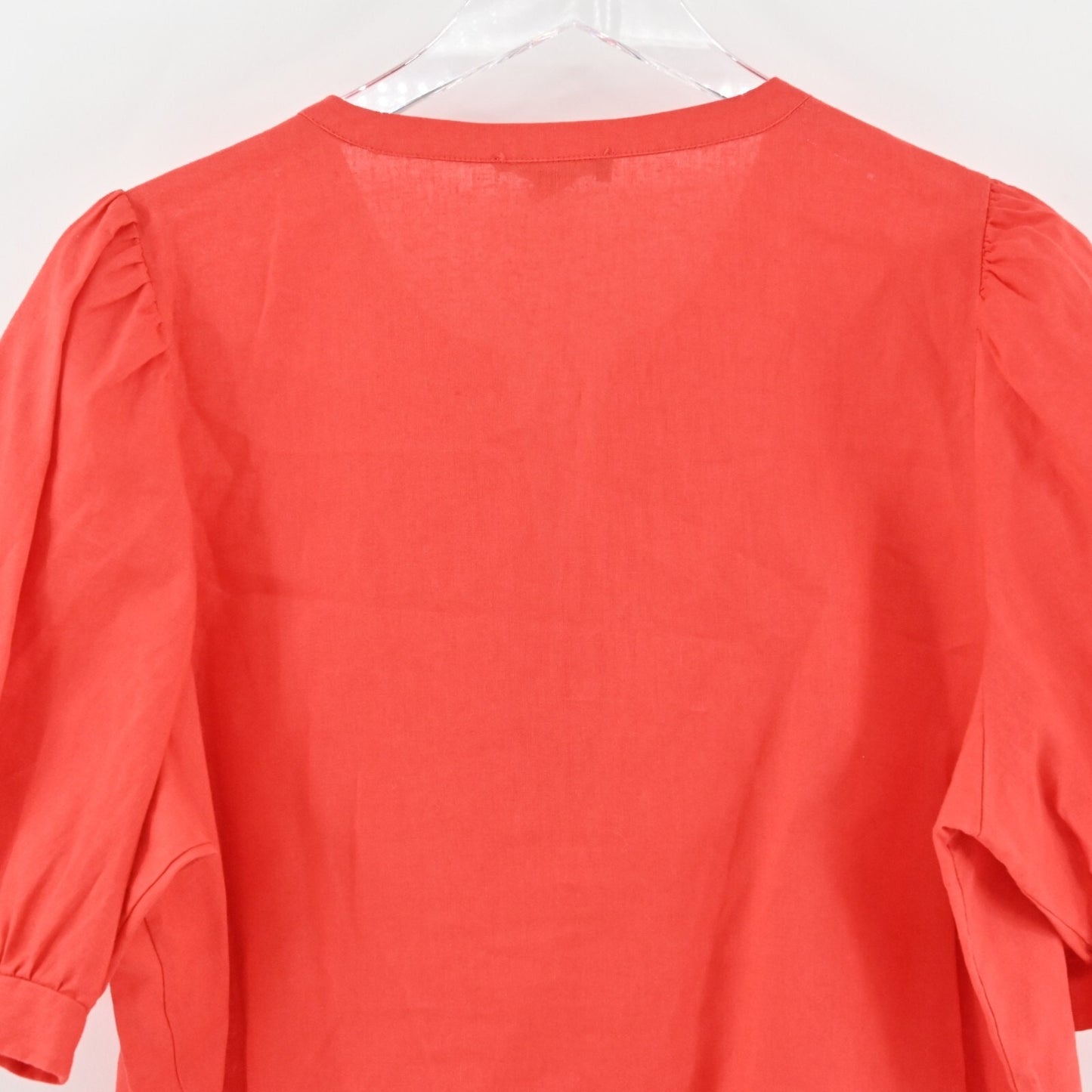 SAKS FIFTH AVENUE Top Womens Size XL Coral Linen Blend Split V Neck Puff Sleeve