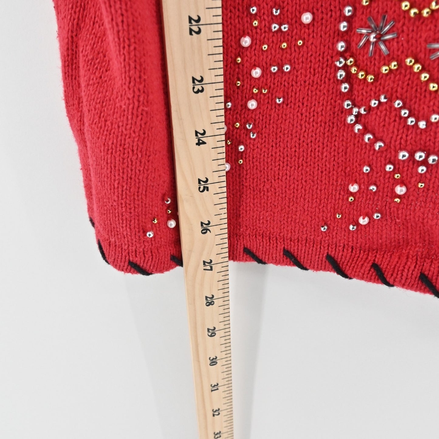 Vtg Holiday Sweater Vest Womens 2XL Beaded Red Ugly Christmas Ornaments Knit 80s