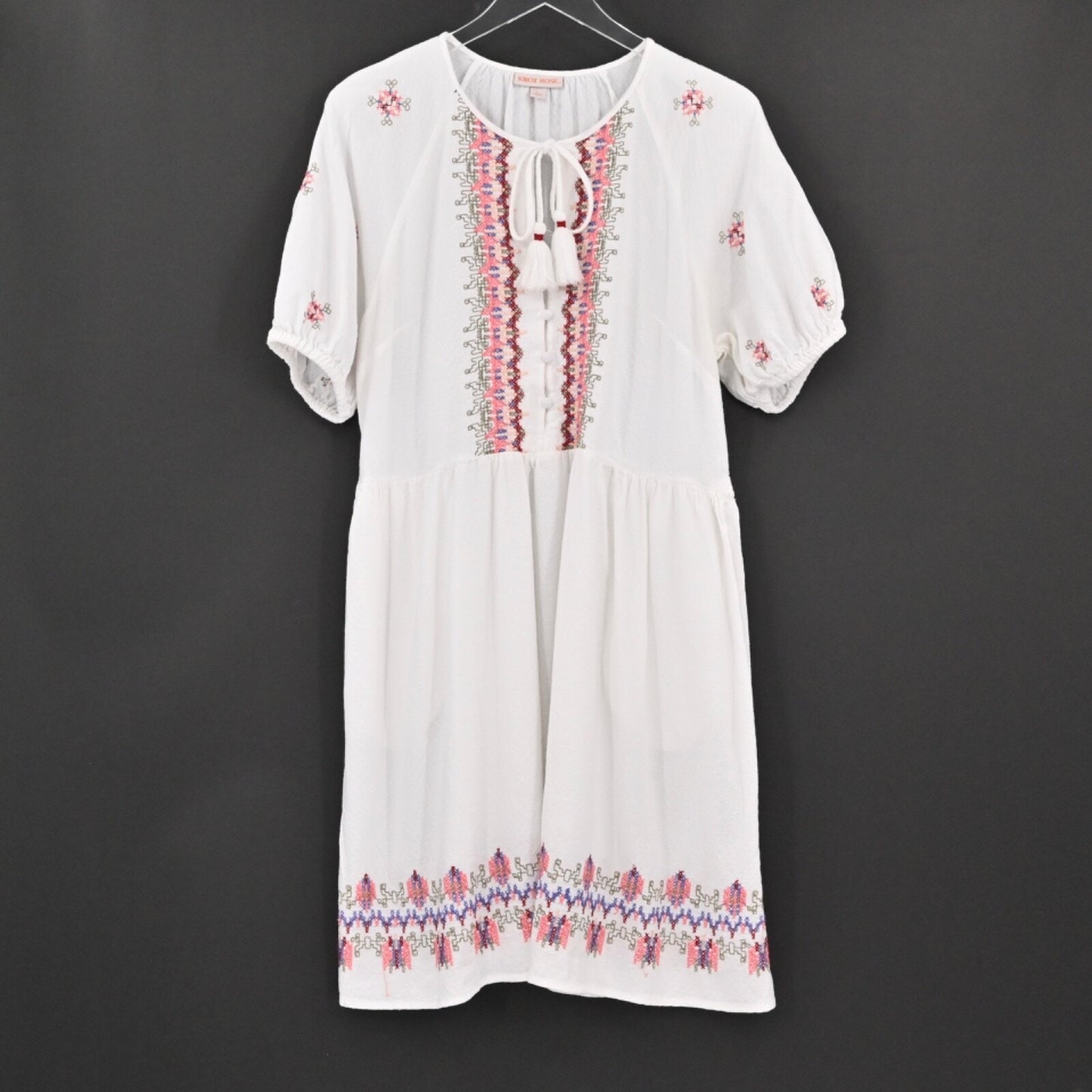 KNOX ROSE Embroidered Dress Womens Size L Cottagecore Tassel Tie Button White