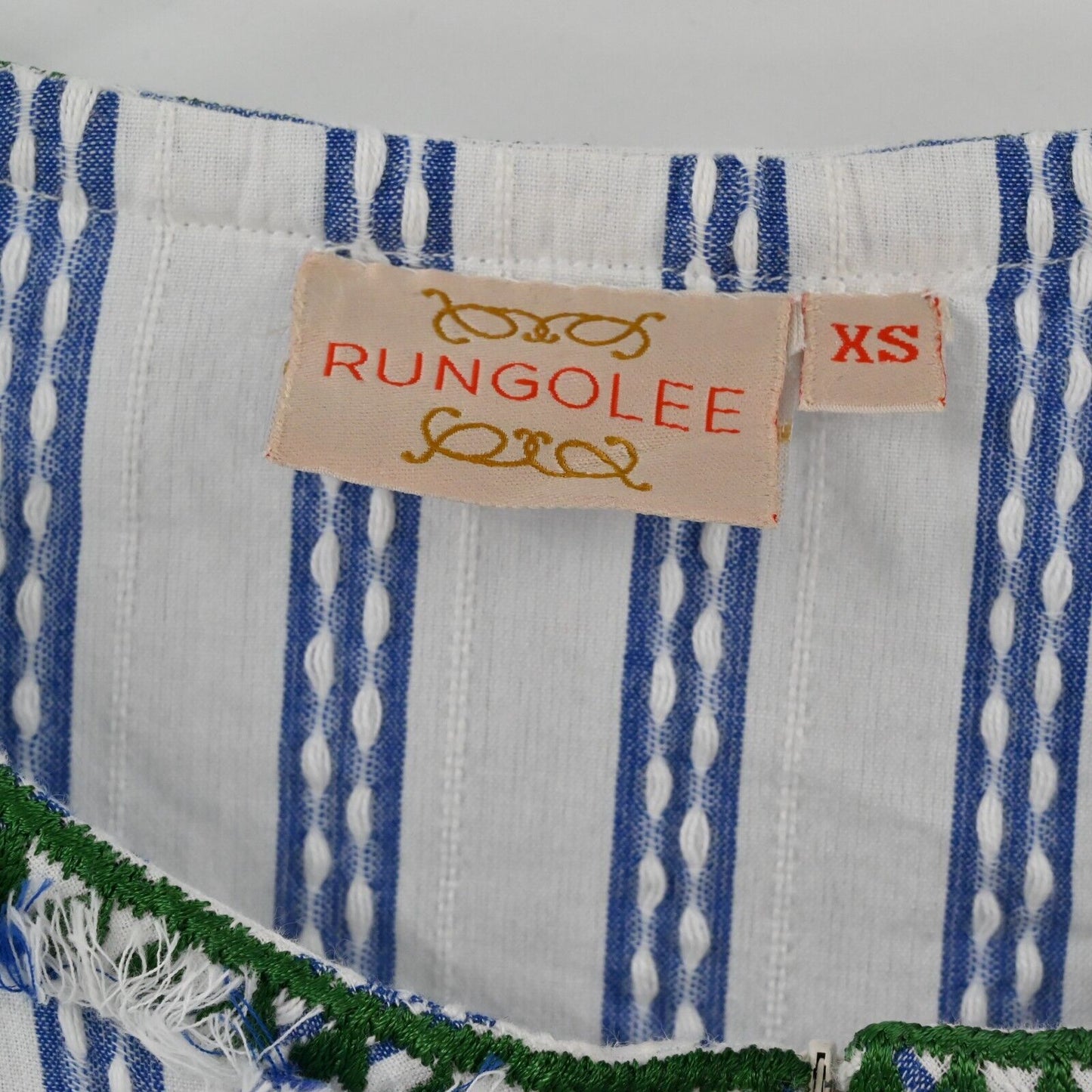 RUNGOLEE Dress Womens Sz XS Blue Green Striped Mini Embroidered Boho Cottagecore
