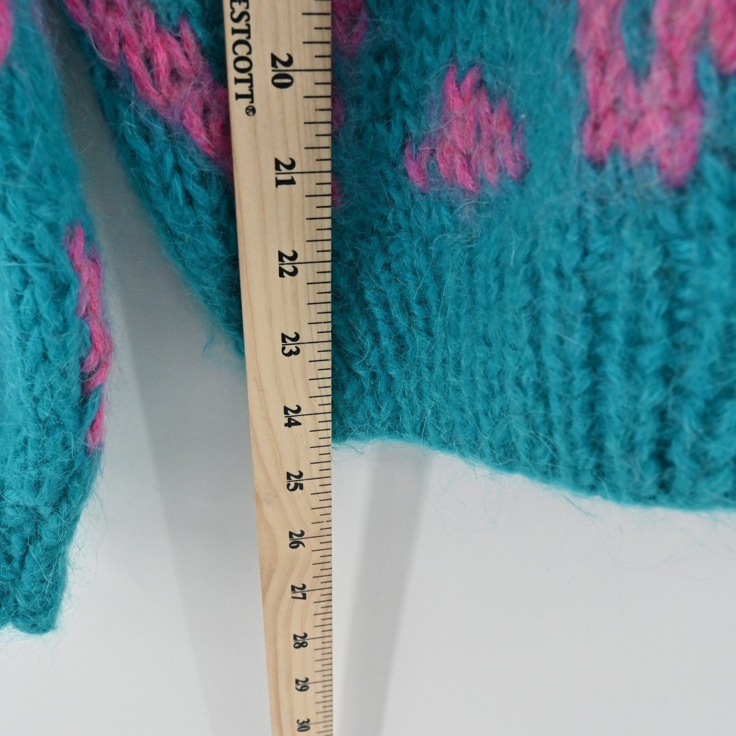 Vtg 80s Womens Mohair Knit Sweater Size L Teal Colorful Diamond Cardigan