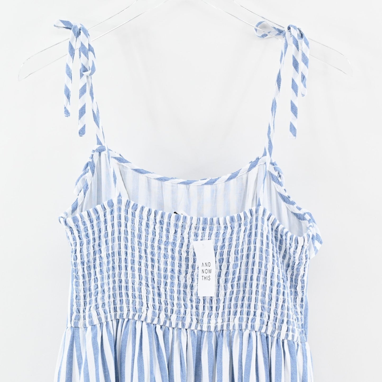 AND NOW THIS Dress Size M Chambray Blue White Stripe Ruffle Sleeveless Midi NEW