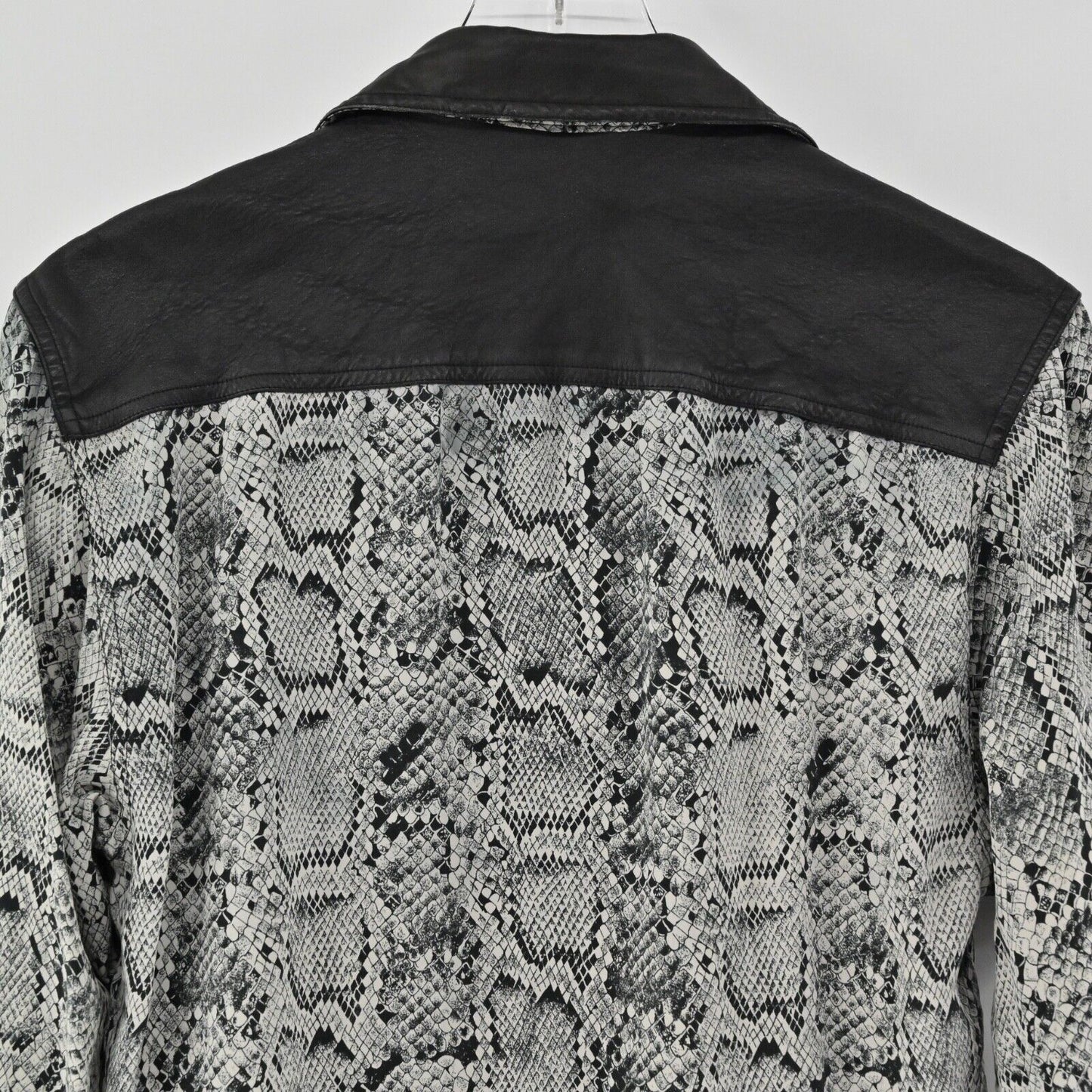 Vtg CACHE Top Womens Sz M Black Snakeskin Print Silk Faux Leather Button Up 90s