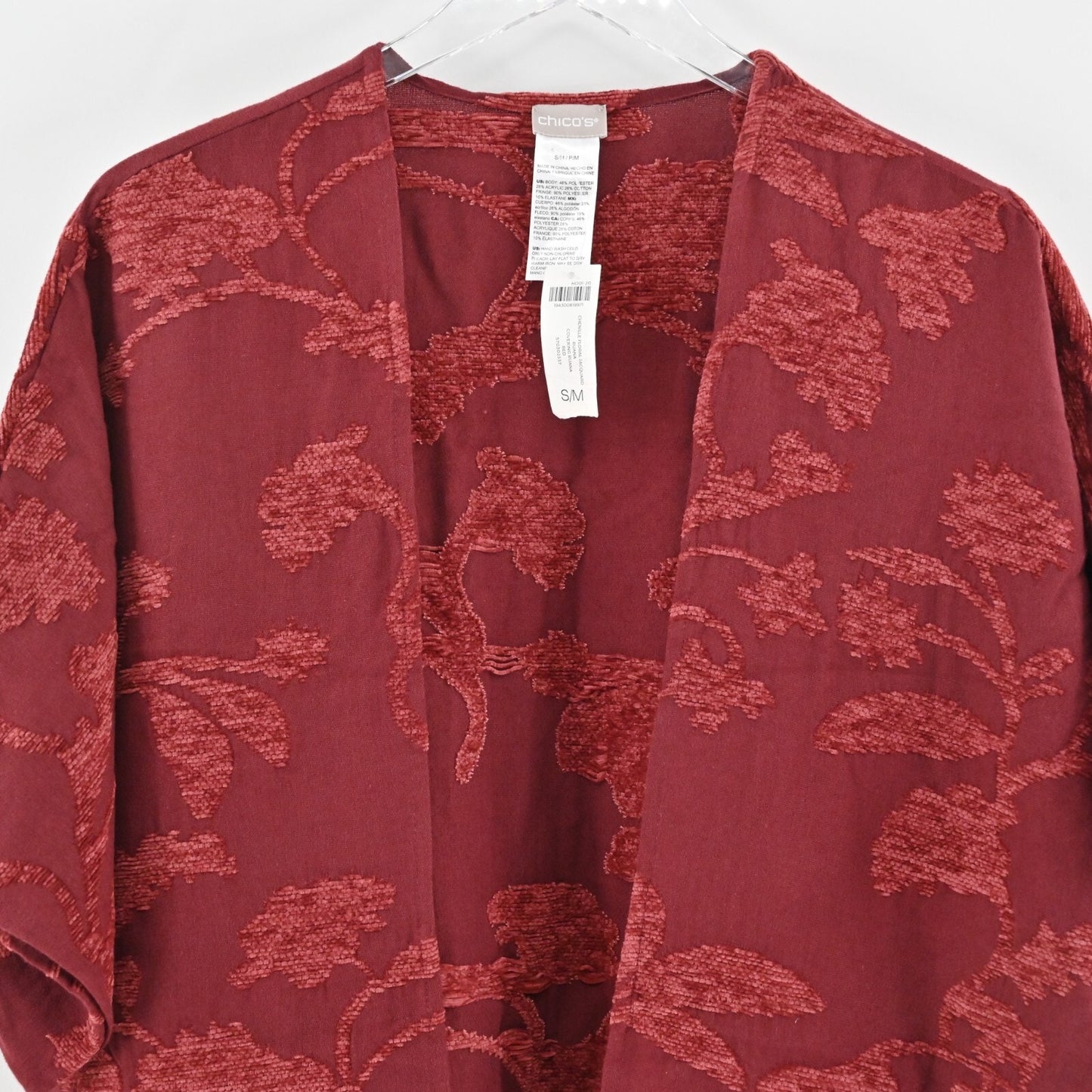 CHICOS Ruana Wrap Womens Size S/M Chenille Floral Jacquard Red Fringe Trim NEW