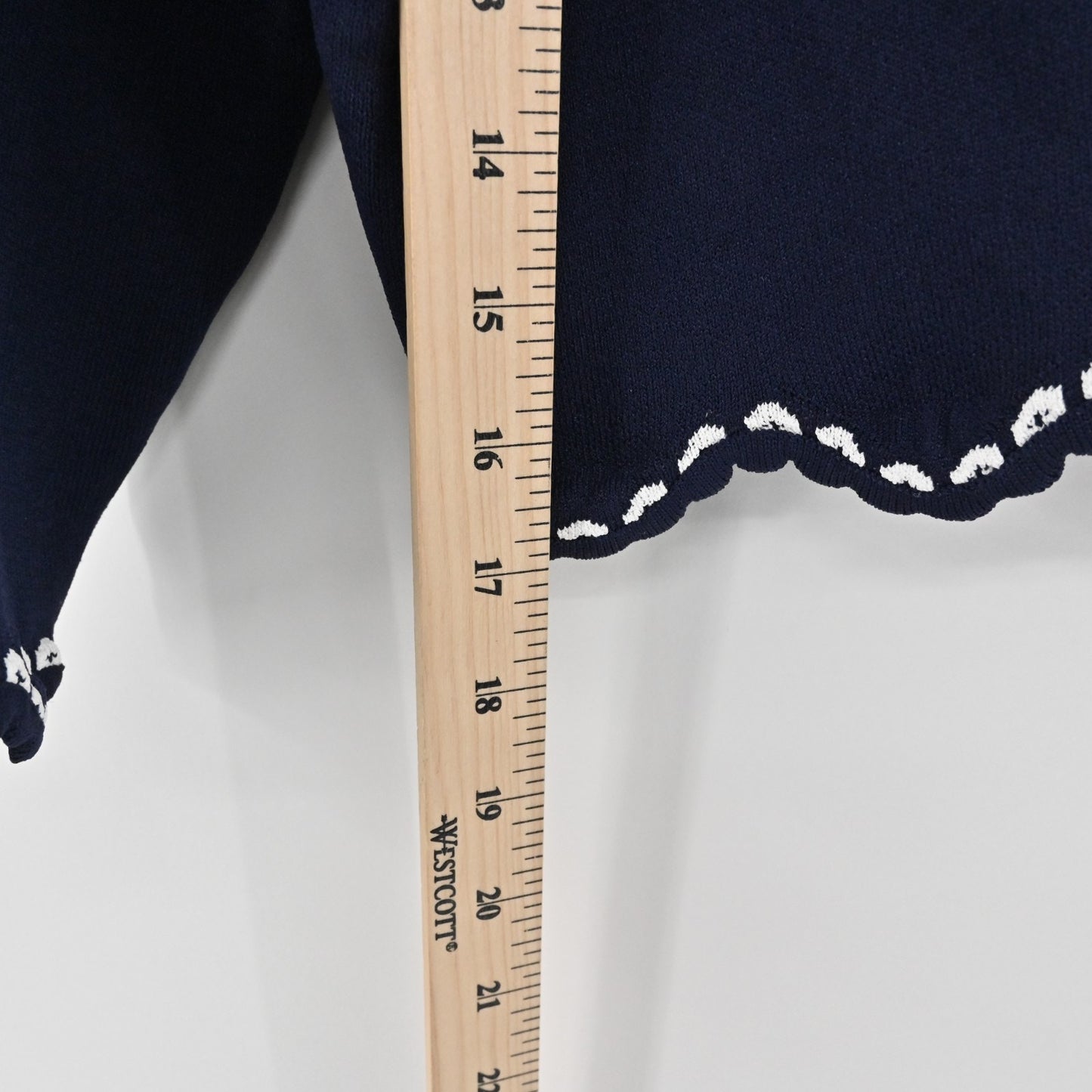 Shoshanna Womens Cardigan Sweater Sz S Navy Blue White Trim Scalloped Knit Crop