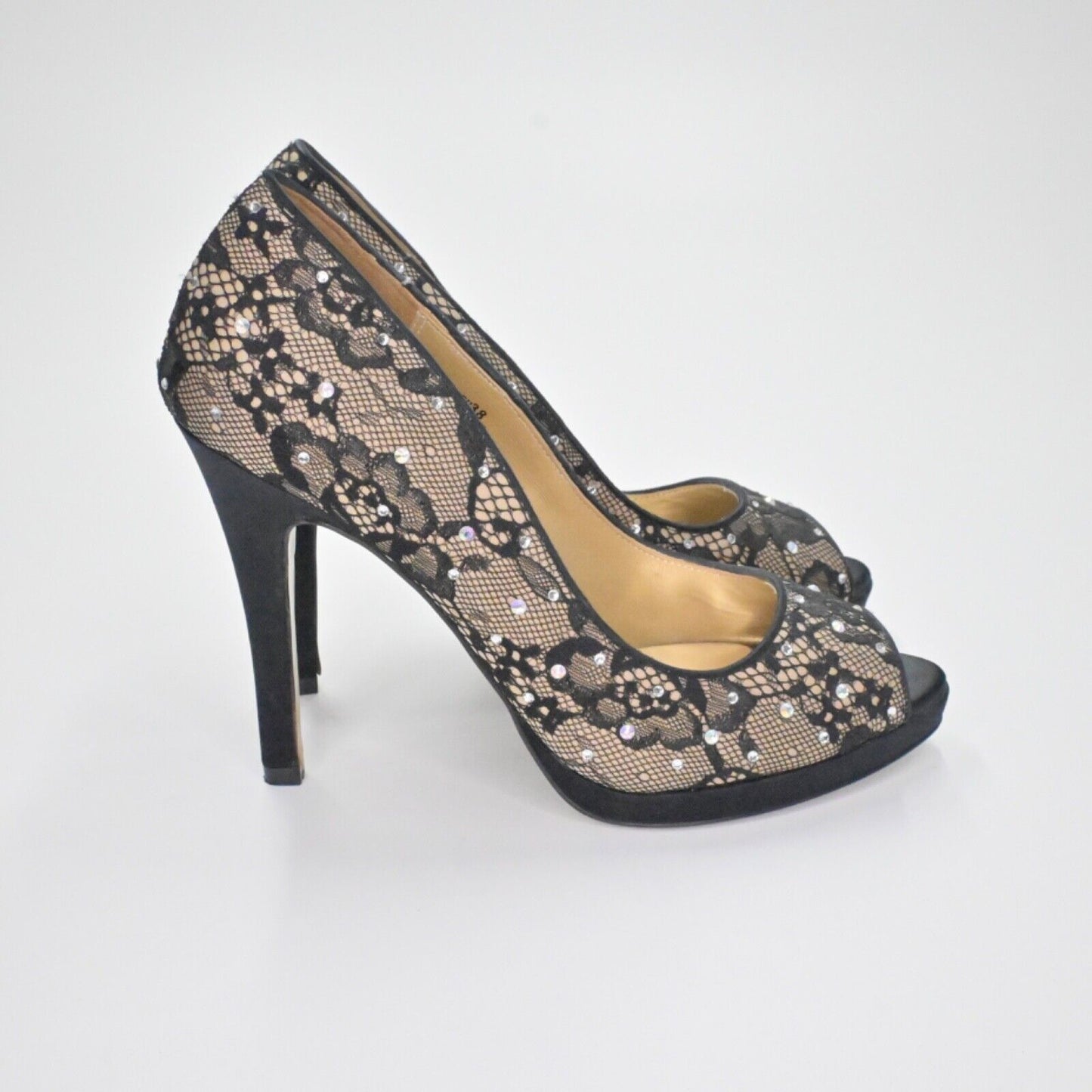 BENJAMIN ADAMS Pumps Womens Sz 7.5 Black Lace Rhinestone Peep Toe Stiletto Heel