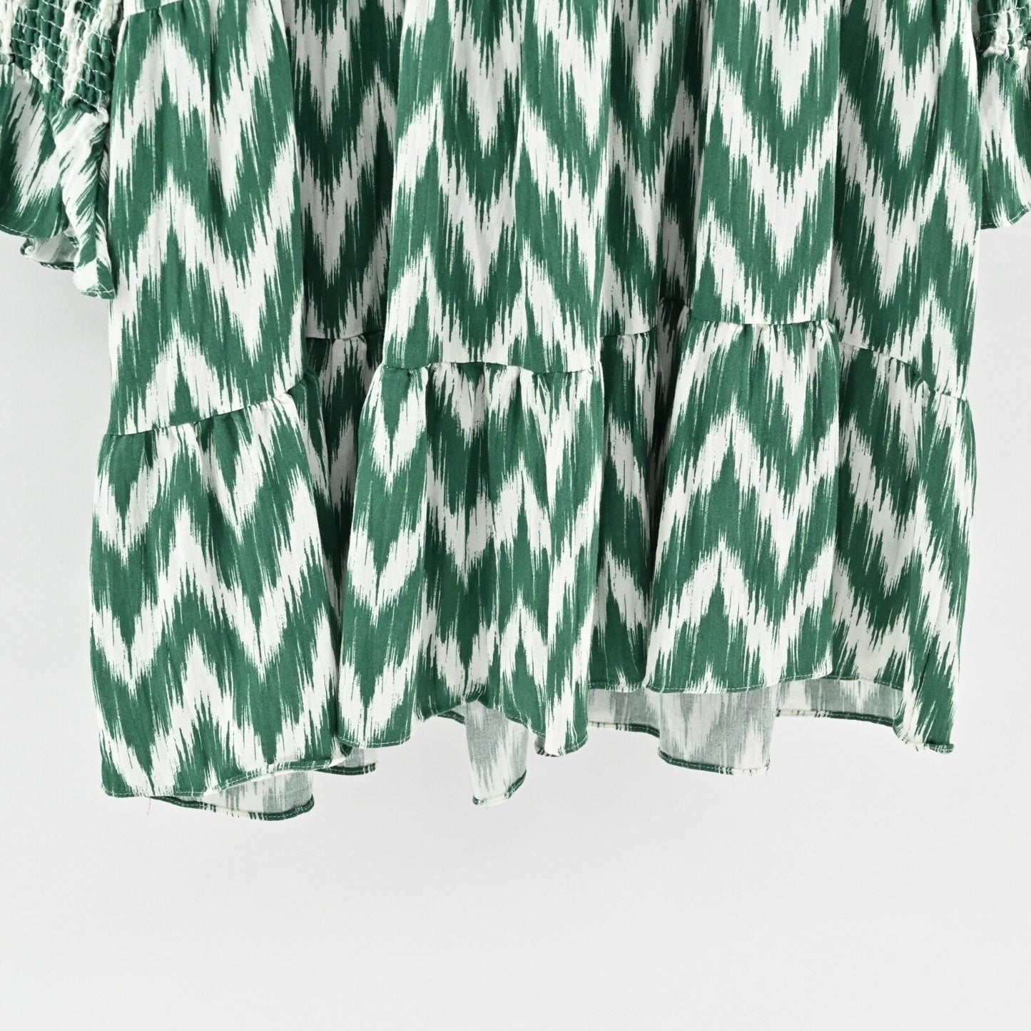 POMANDER PLACE Ikat Kenzo Dress Sz 2XL Green Chevron Ruffle Tiered Tuckernuck