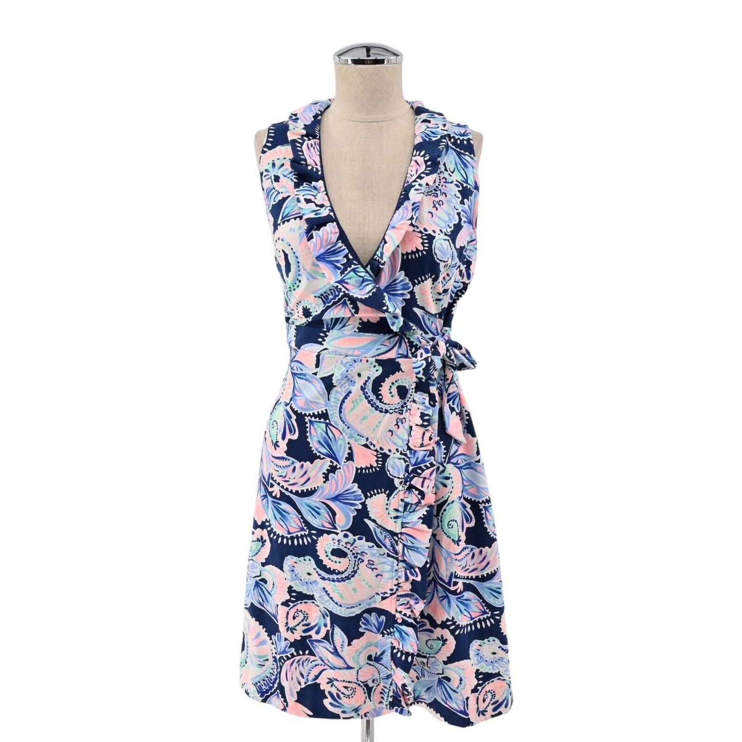 LILLY PULITZER Dress Womens Size XS Romee Wrap Blue Holy Flockamolie Ruffle NEW