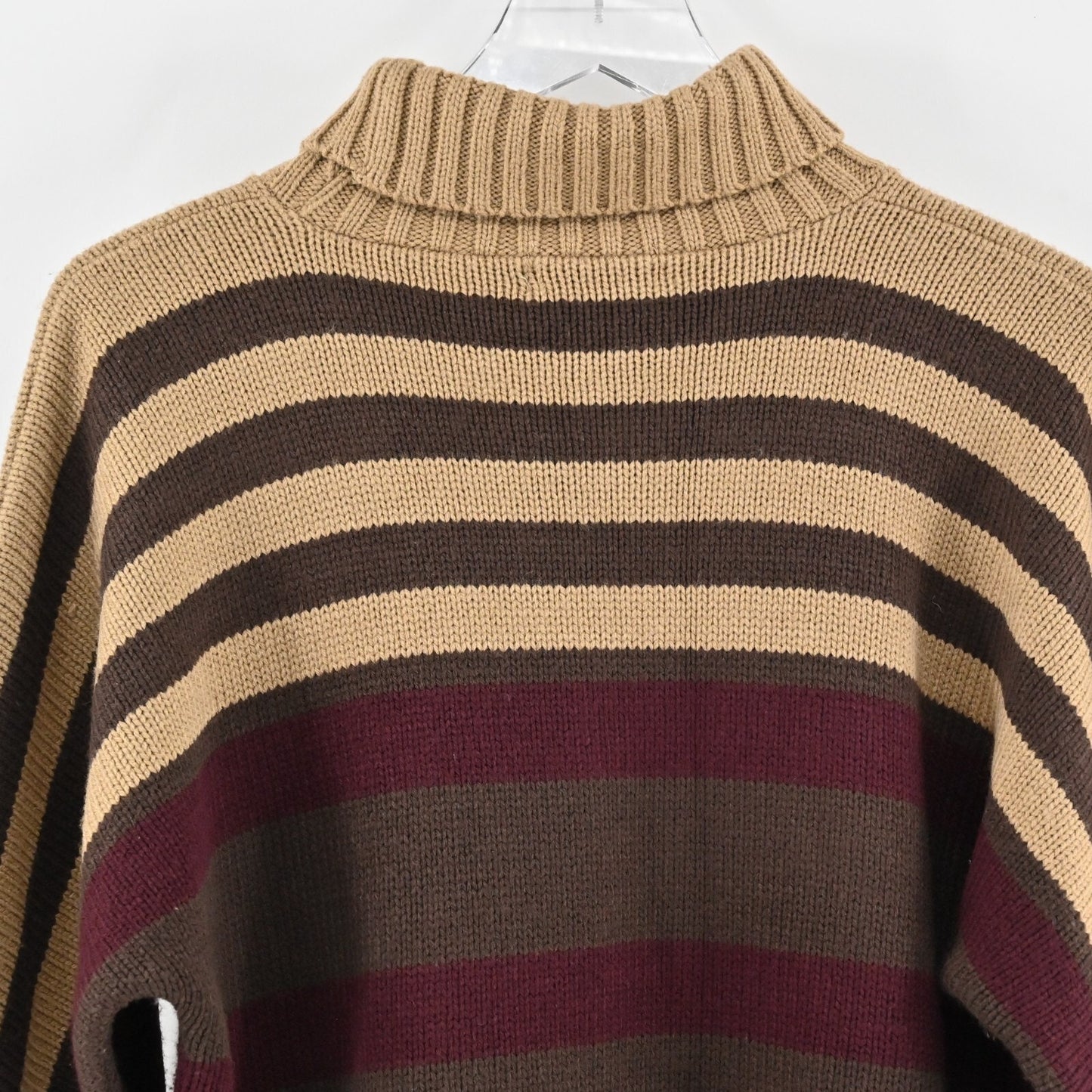 525 AMERICA Womens Striped Sweater Size L Brown Tan Turtleneck Knit Whipstitch