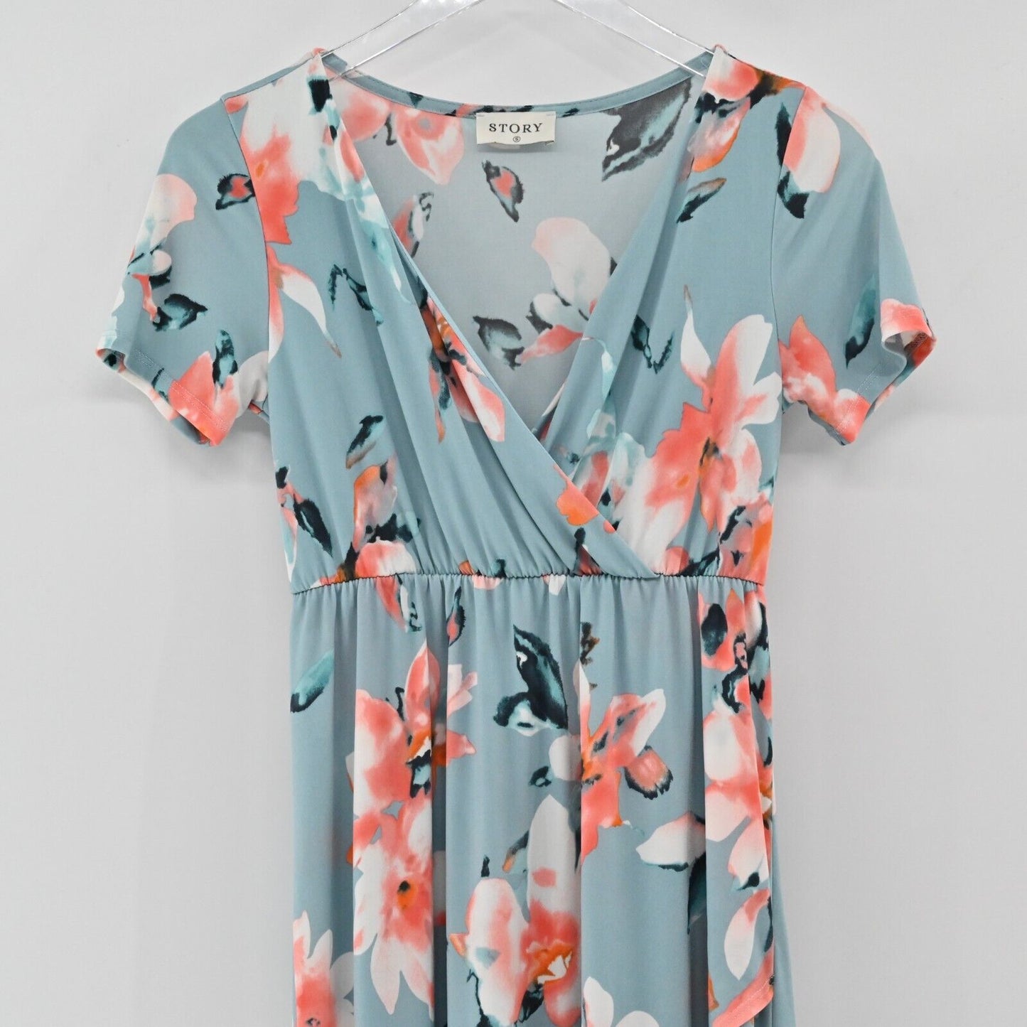 STORY Dress Womens Size S Blue Coral Summer Floral Maxi Hi Low Stretch Comfort