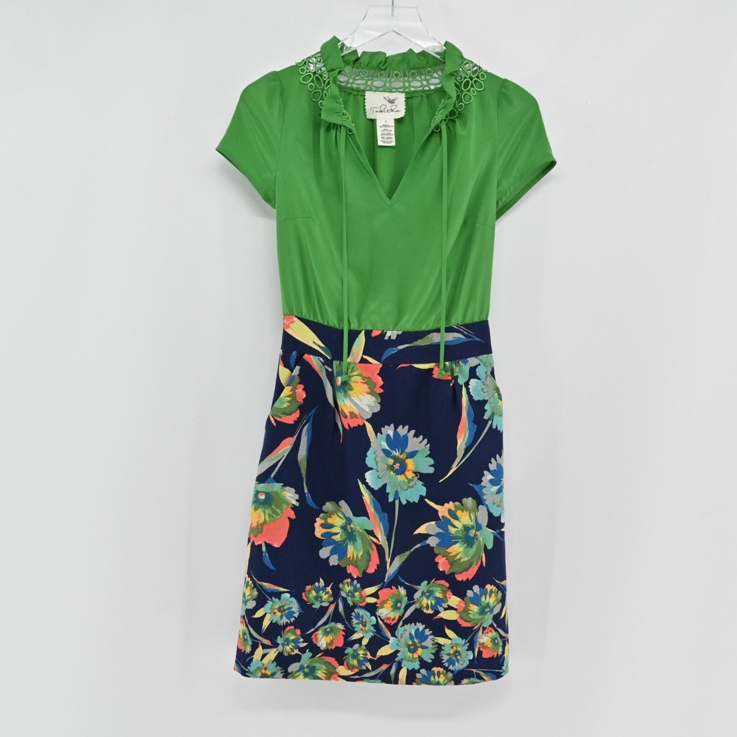 Anthropologie Womens Green Floral Dress Size 2 Elland TABITHA Blouson Tie Neck