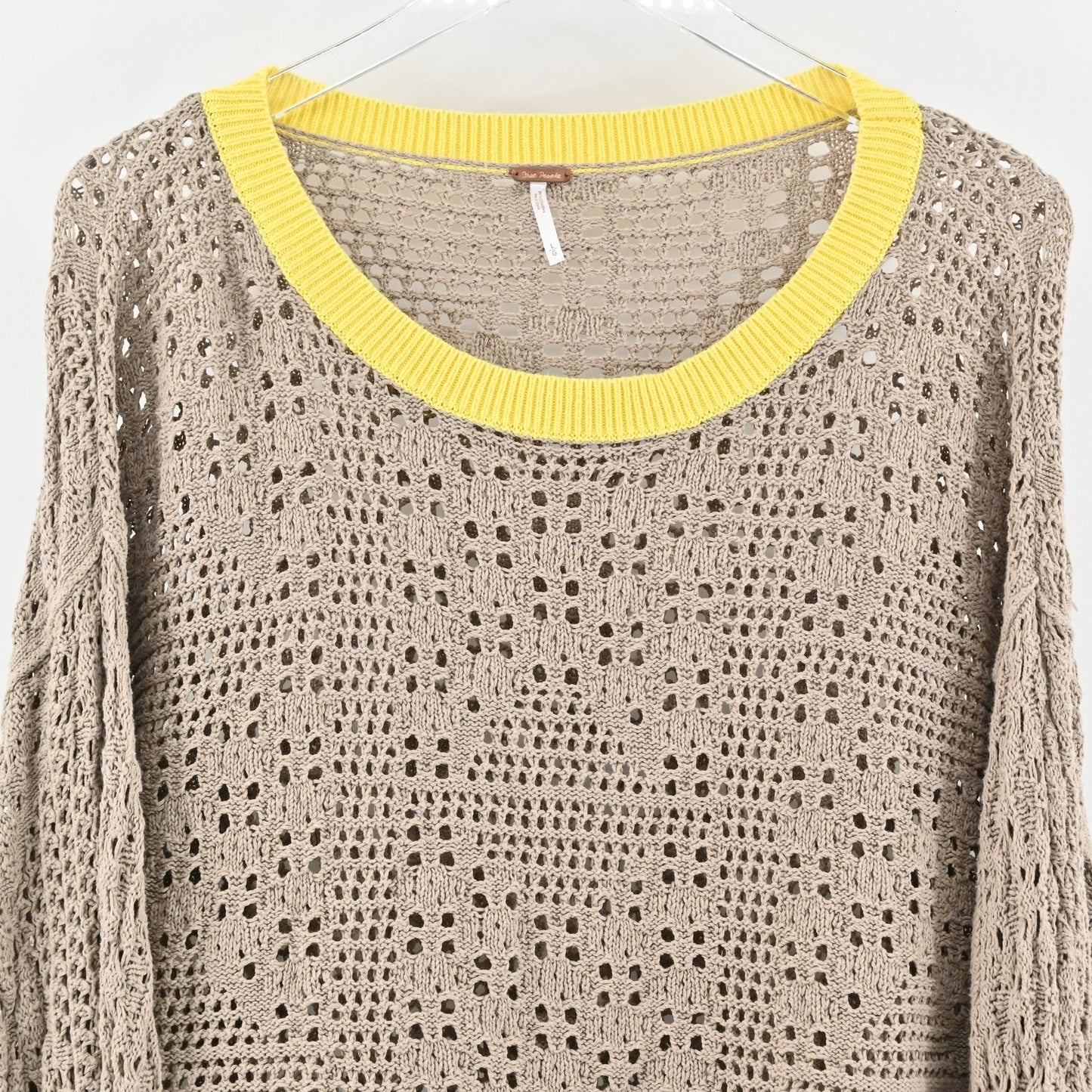 Free People Sweater Womens Large Tan Yellow Open Knit Pullover Boho Lightweight
