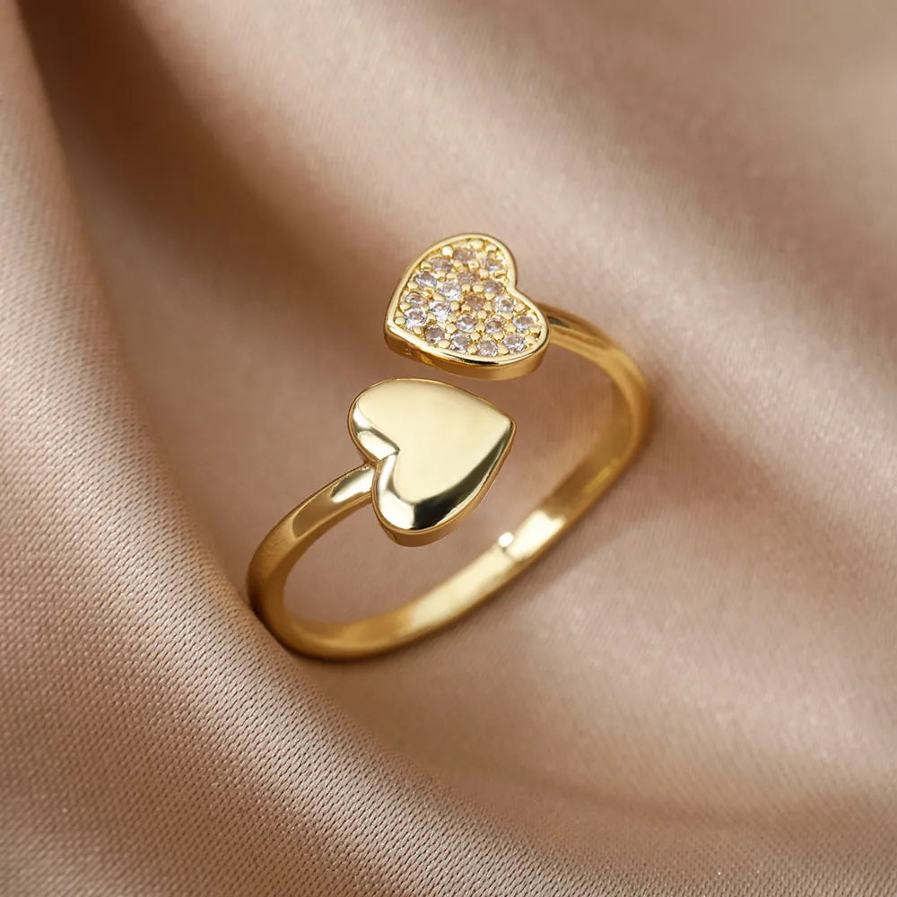 Stainless Steel Pave Rhinestone Double Heart Adjustable Open Ring Gold Plated