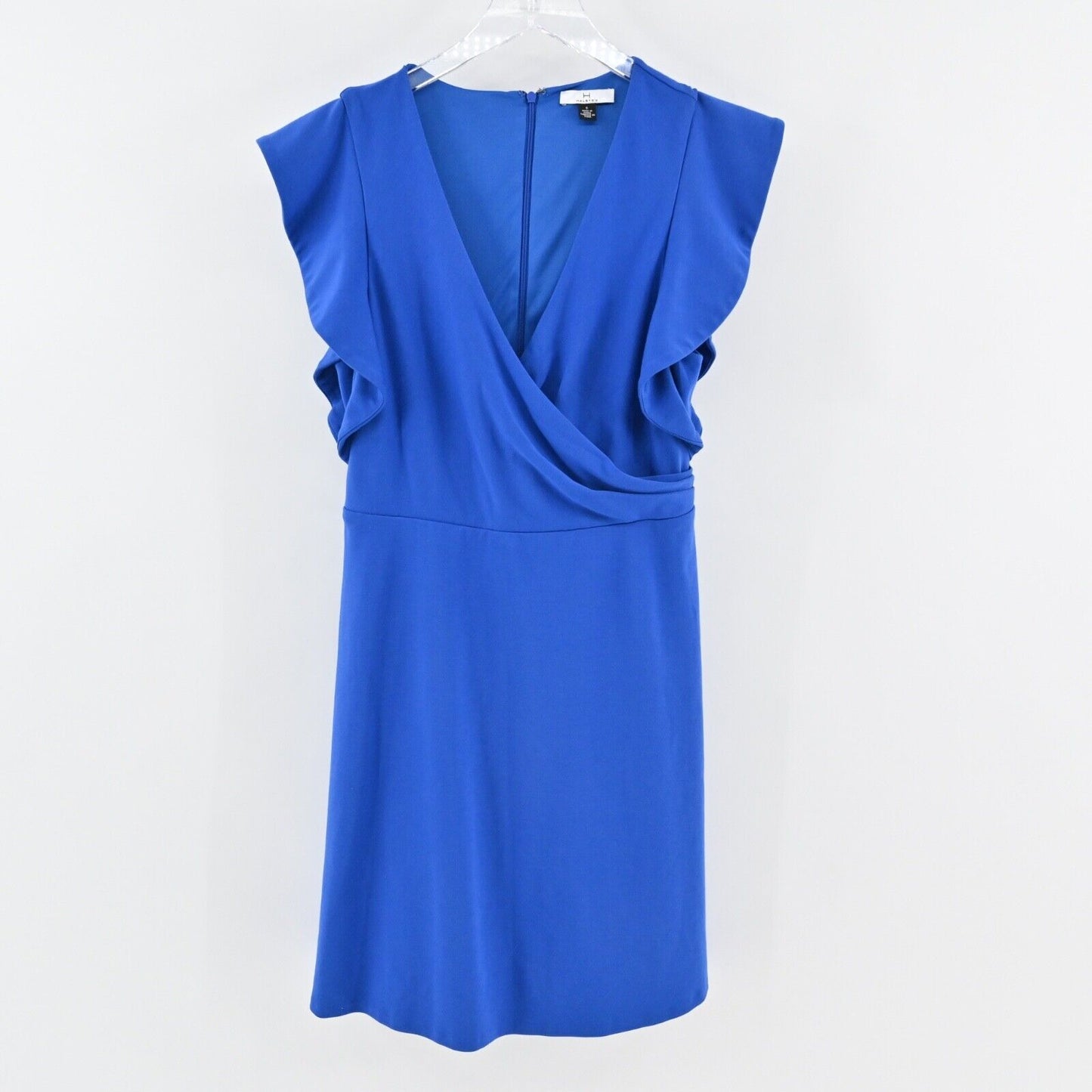 H by HALSTON Dress Sz 6 Blue Ruffle Flutter Sleeve Faux Wrap V Neck Jersey Shift