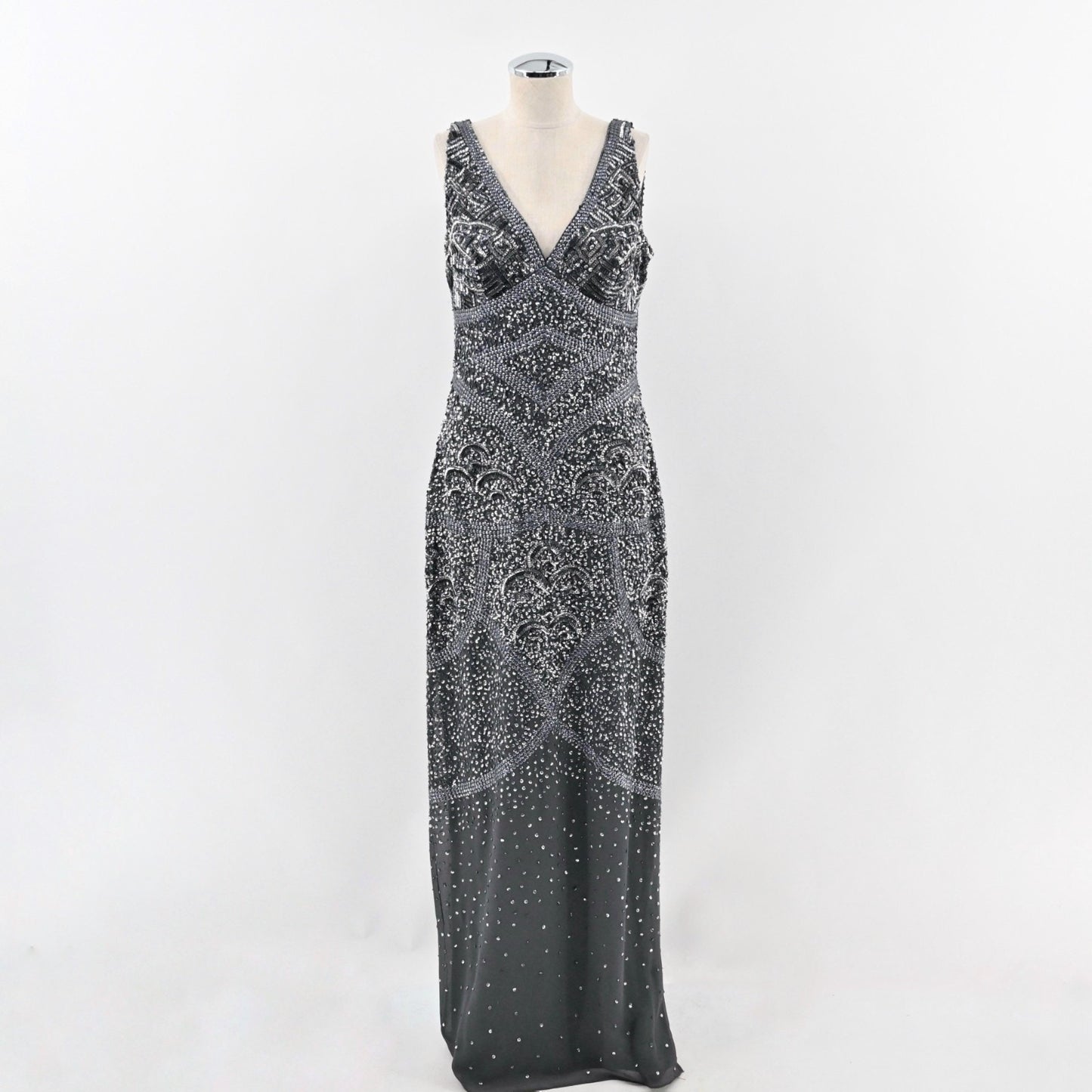 AIDAN MATTOX Sequin Maxi Dress Sz 10 VNeck Sleeveless Embellished Gunmetal Gown