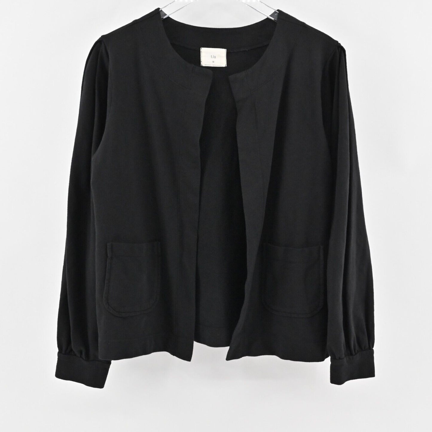 ANTHROPOLOGIE Cardigan Womens Size M T.La Solid Black Open Front Patch Pocket