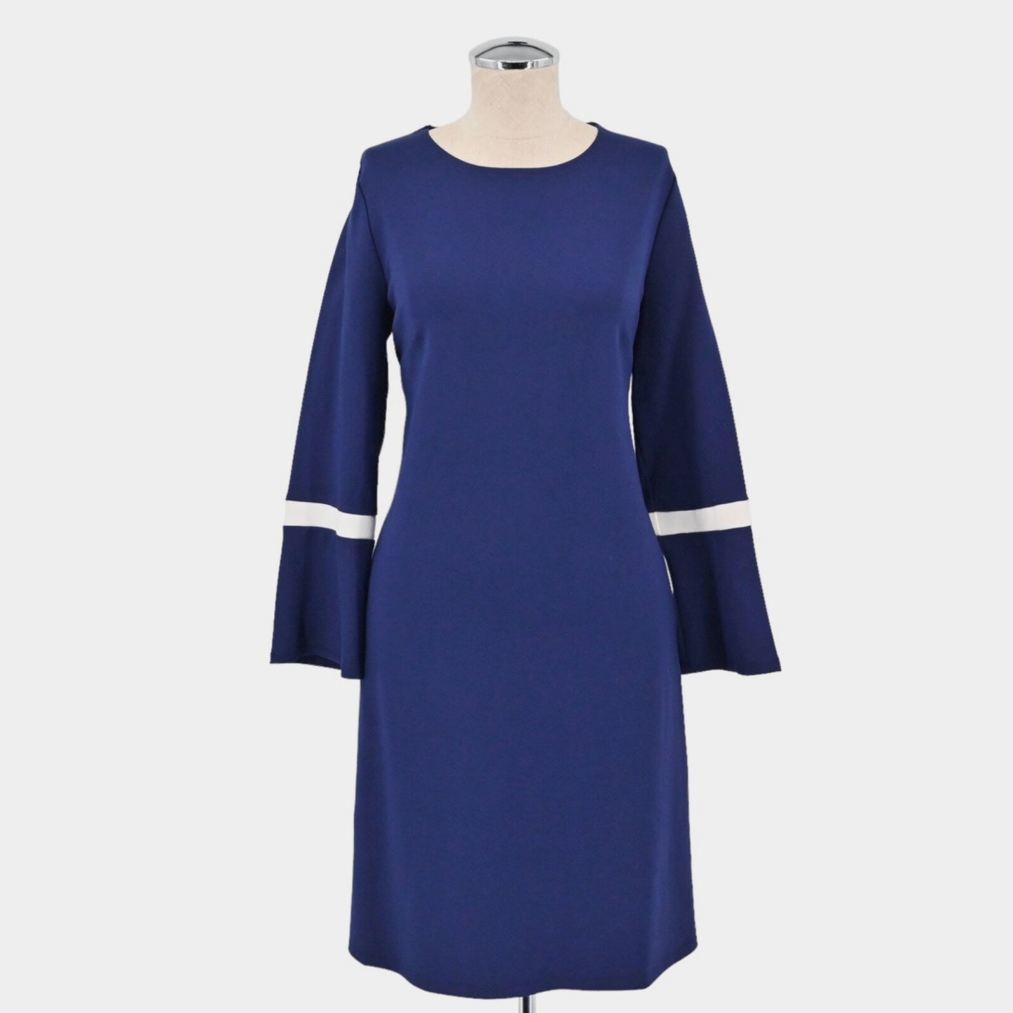 ANNE KLEIN Womens Blue Knit Dress Size M Shift Stripe Bell Sleeve Pockets NEW