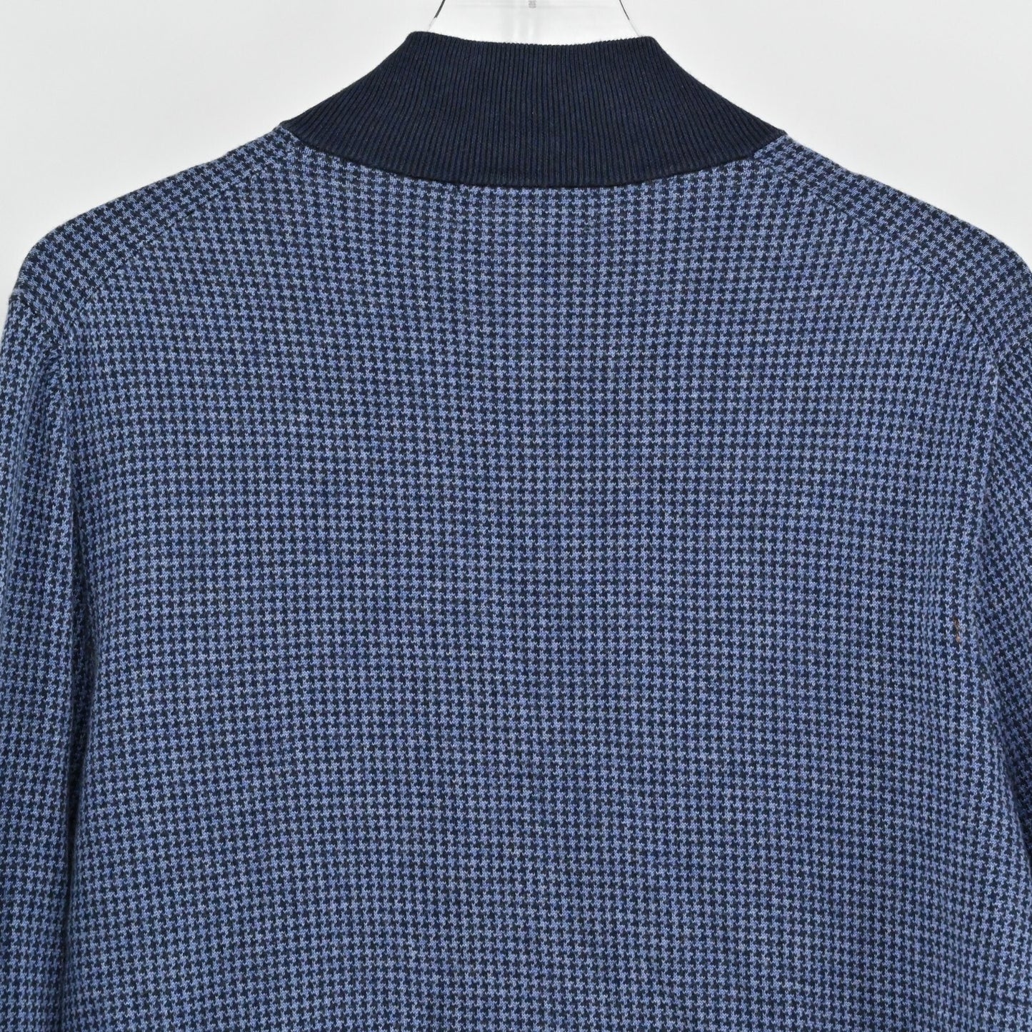 BROOKS BROTHERS Mens Cashmere Sweater Sz L Blue Houndstooth Cotton 1/4 Zip Mock