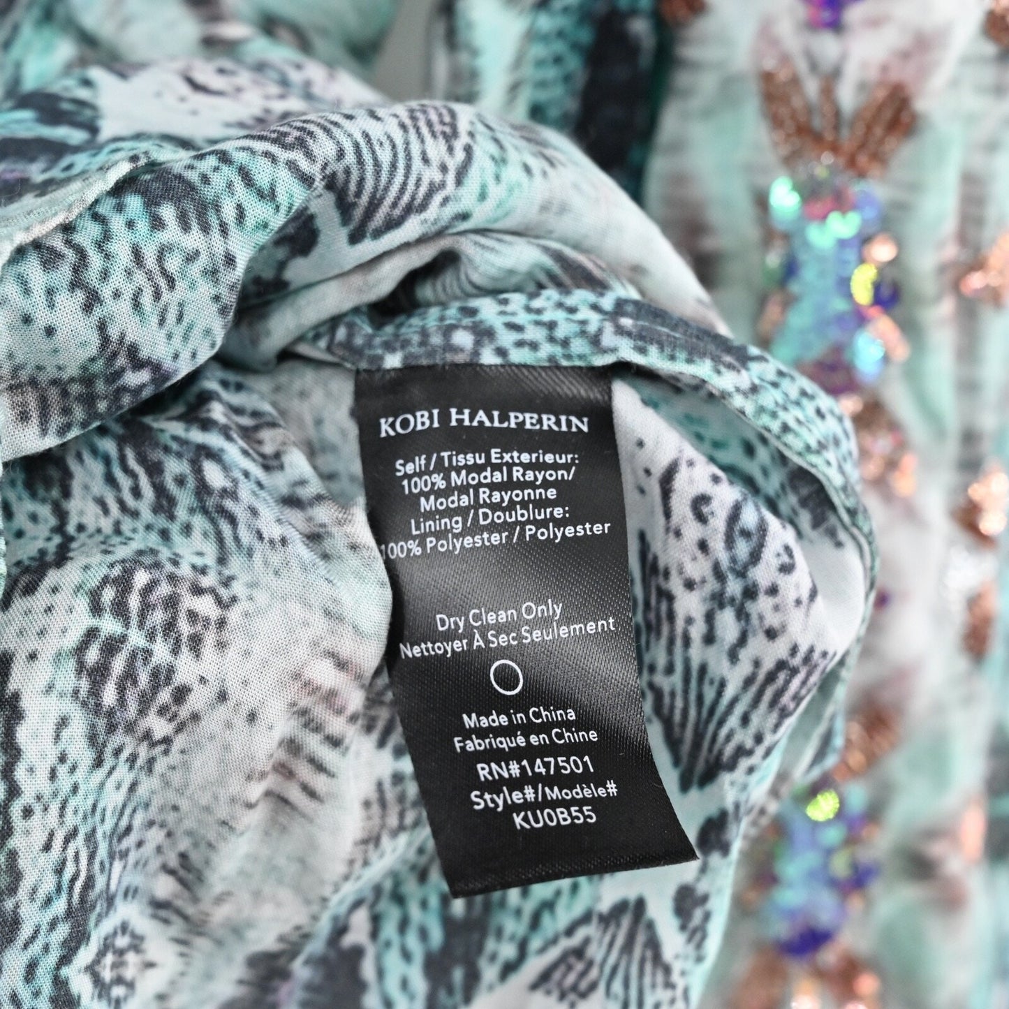 KOBI HALPERIN Womens Lapenna Top Sz XL Blue Snake Print Sequin Peasant Blouse