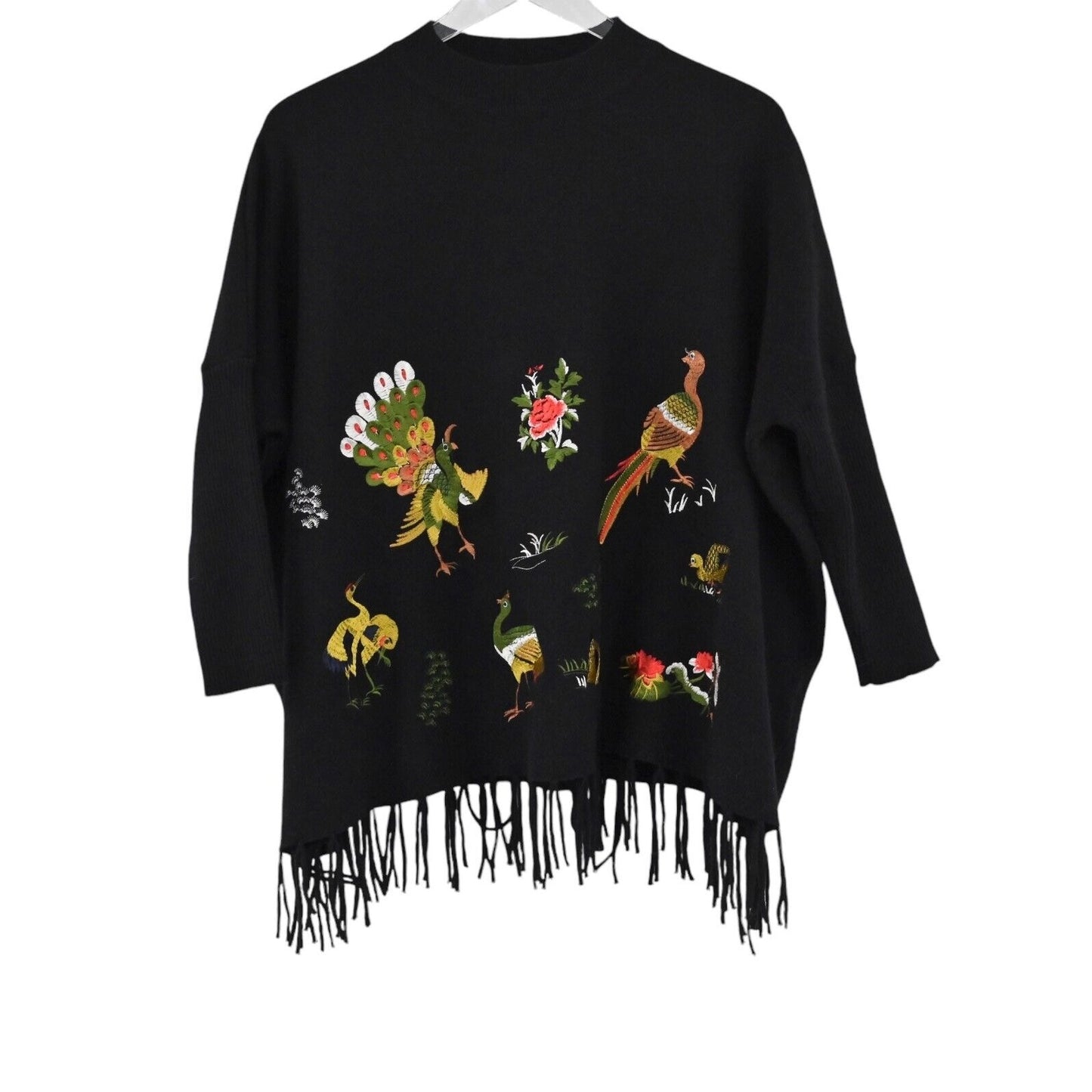 KEYINGYI Sweater Womens One Size Bird Motif Embroidered Cashmere Fringe Turkey