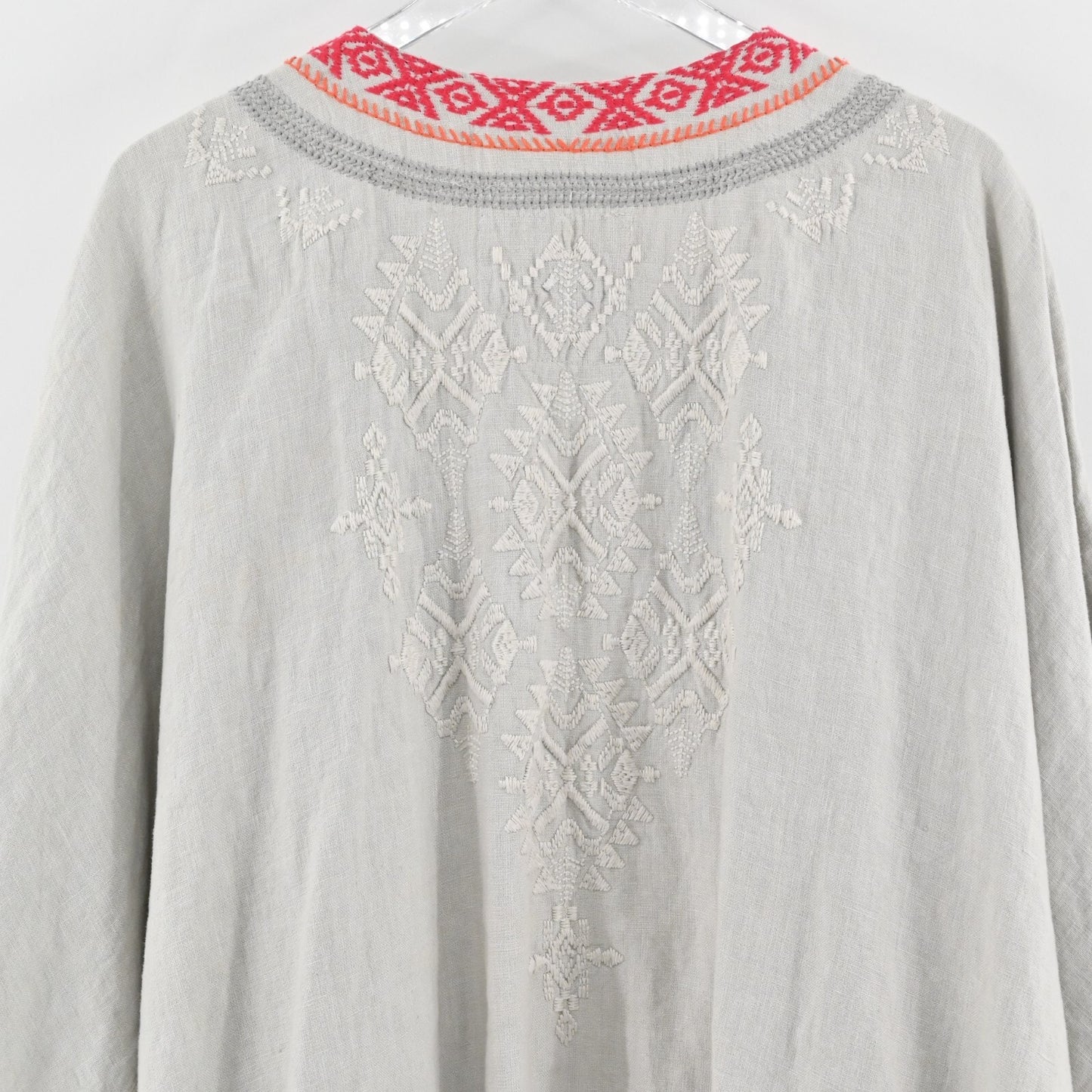 JOHNNY WAS Womens Linen Kimono Size L Embroidered Trim Batwing Boho Open Front