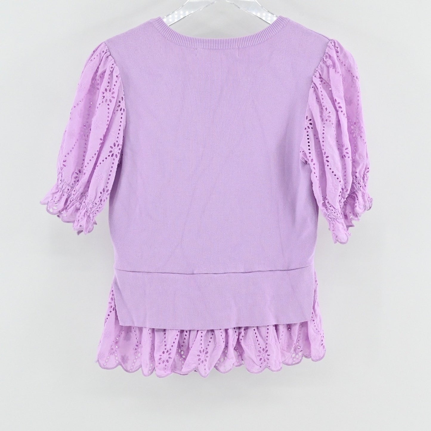 English Factory Womens Eyelet Mixed Media Knit Top Size S Lilac Puff Sleeve