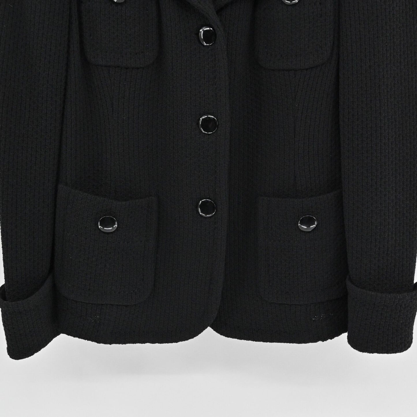 ST JOHN Caviar Parisian Santana Knit Blazer Jacket 3-Button In Black Womens Sz 8