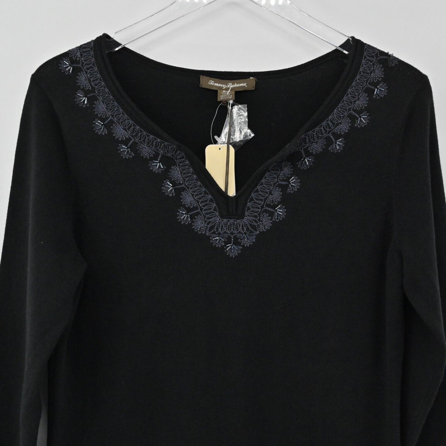 TOMMY BAHAMA Dress Womens Size S Pickford Embroidered Split Neck Black Shift NEW