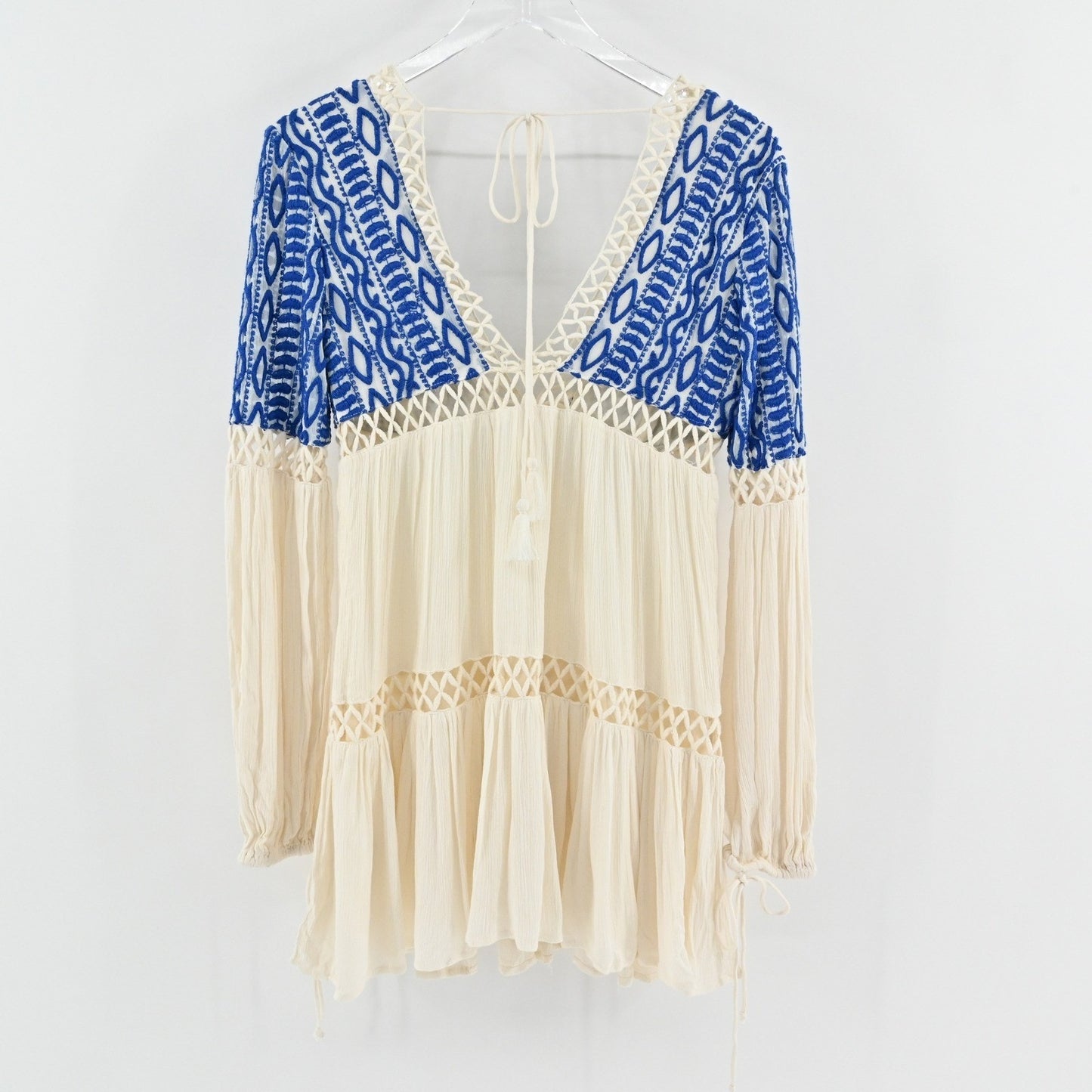Free People Dusk Till Dawn Dress Sz 2 Blue Embroidered Bohemian Festival Tiered