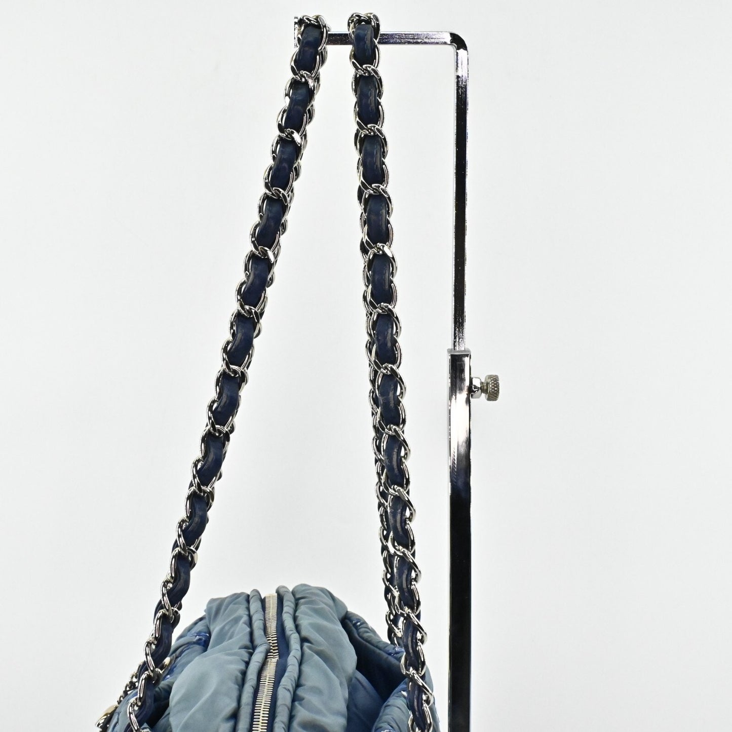 CHANEL Shoulder Bag Byzance Tweed On Stitch Blue Nylon Quilted Chain Strap