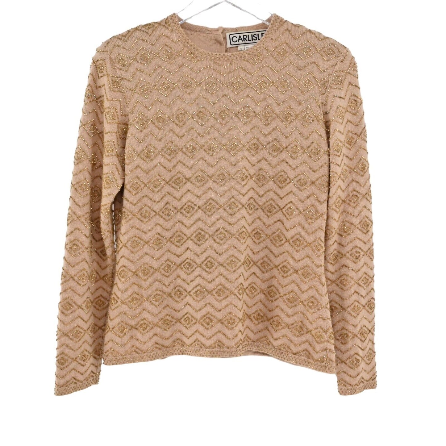 Vtg CARLISLE Sweater Womens Size Small Cashmere Silk Beaded Knit Geometric Print