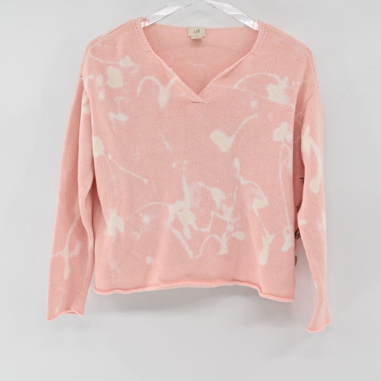 J JILL Sweater Womens Sz XSP Pink Bleach Splatter 100% Cotton VNeck Side Button