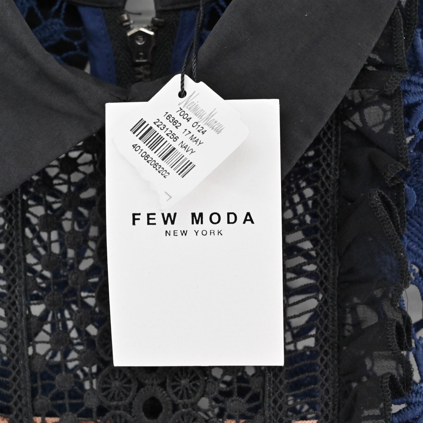 FEW MODA Navy Floral Midi Dress Size M Yoke Collar Lace Overlay Preppy Chic NEW
