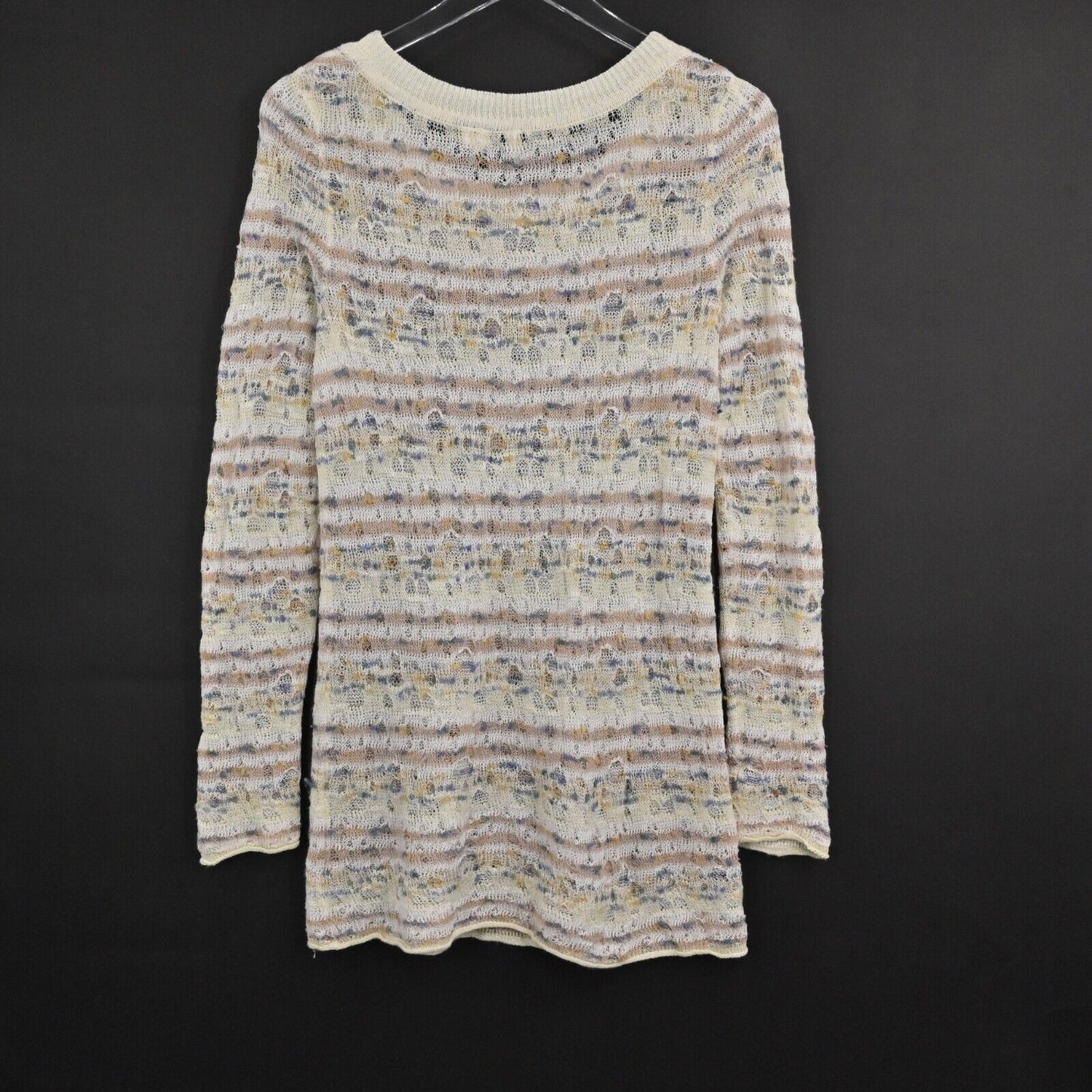 ANTHROPOLOGIE Sweater Womens Size S Cream Stripe Linen Open Knit Scoop Neck MOTH