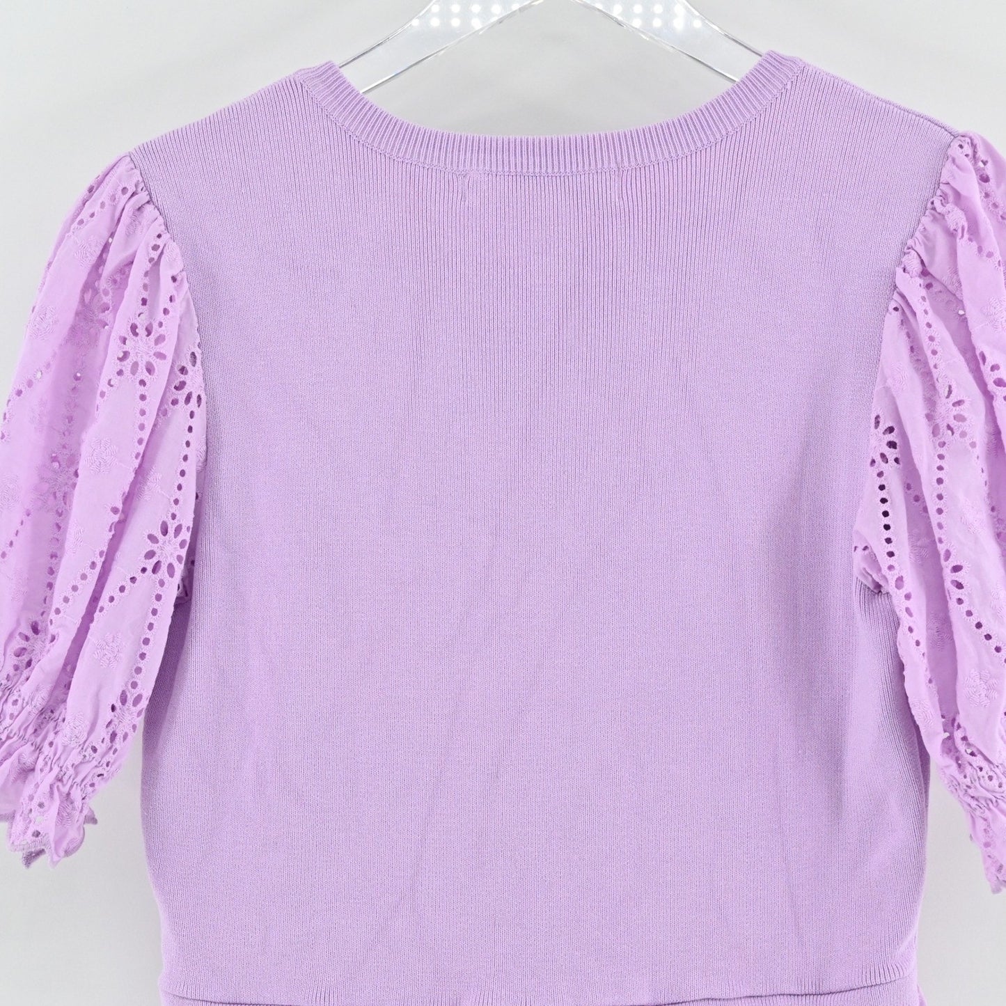 English Factory Womens Eyelet Mixed Media Knit Top Size S Lilac Puff Sleeve