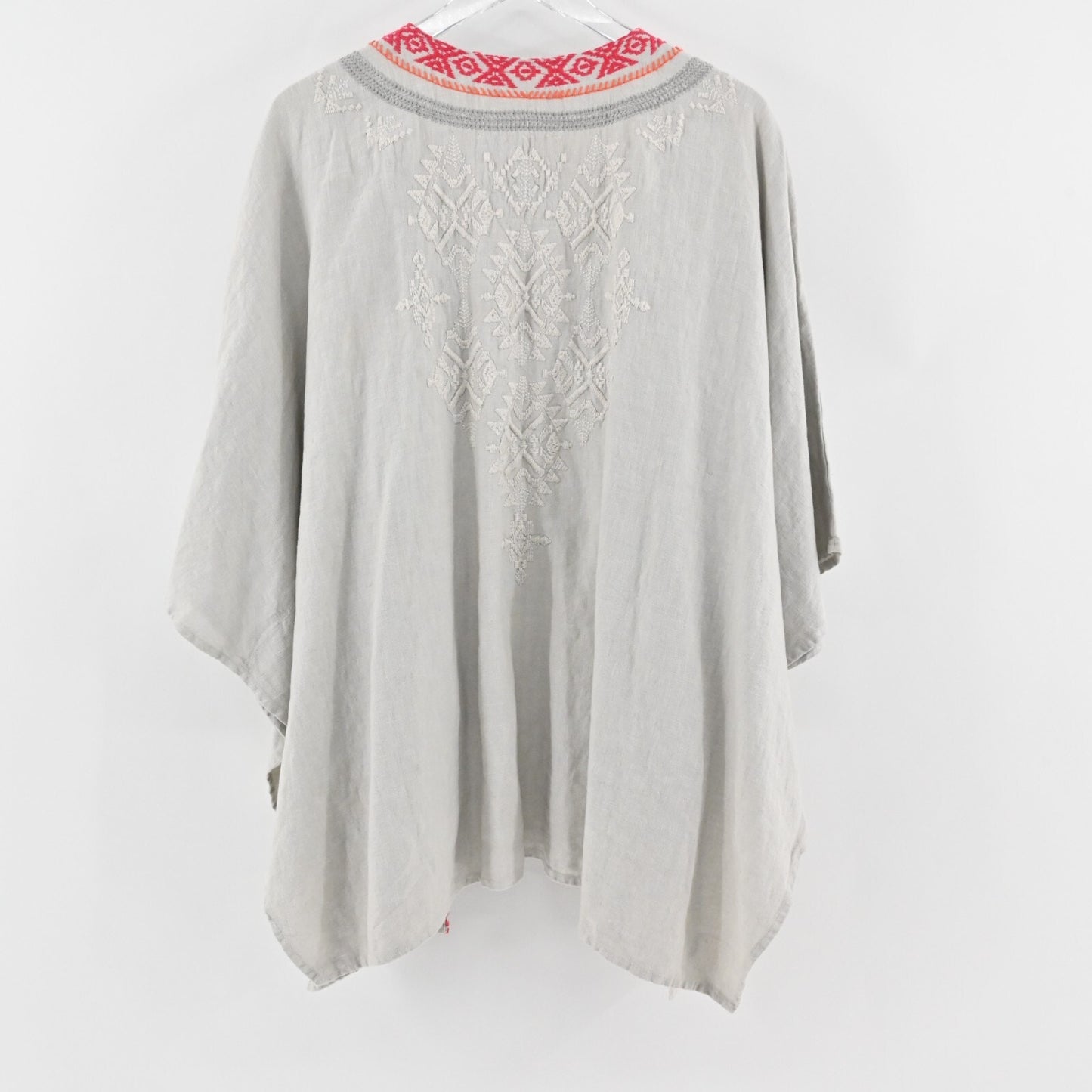 JOHNNY WAS Womens Linen Kimono Size L Embroidered Trim Batwing Boho Open Front