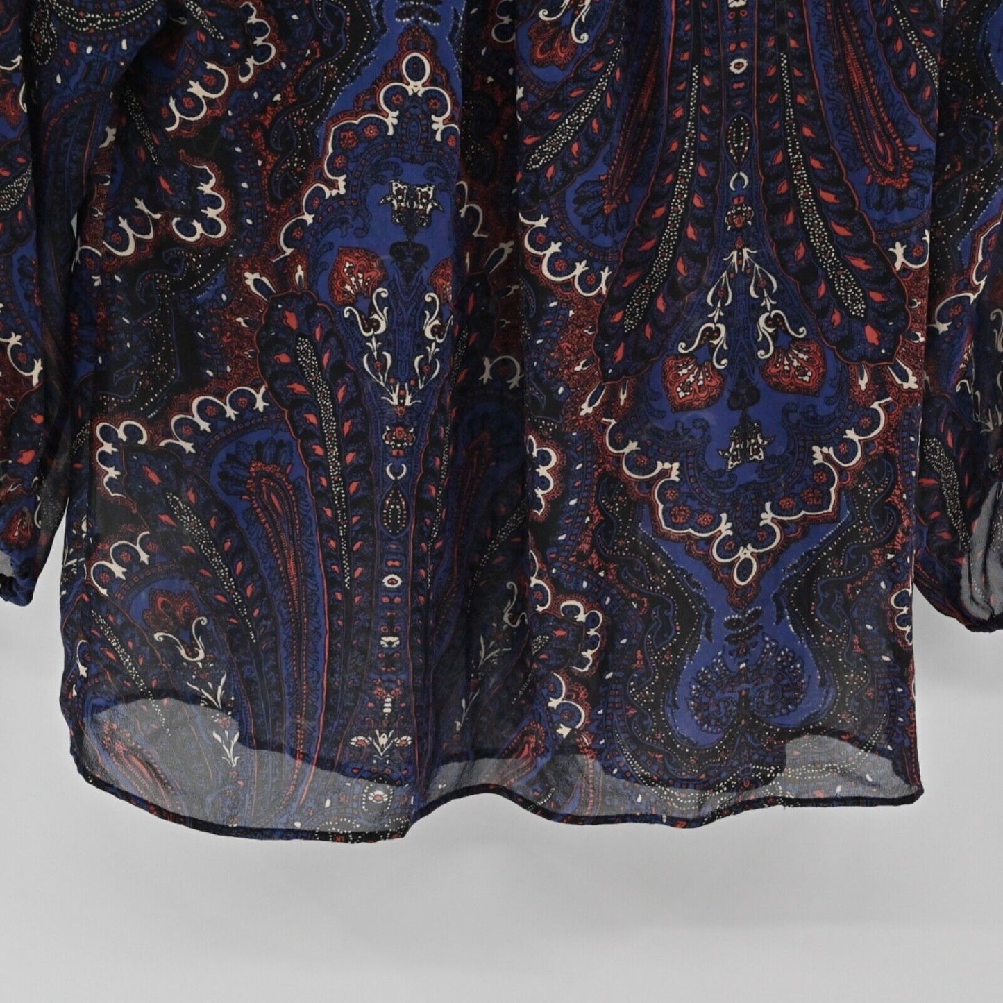 JOIE Top Womens Size XS Blue Paisley Sheer 100% Silk Chiffon Tie Neck 3/4 Sleeve