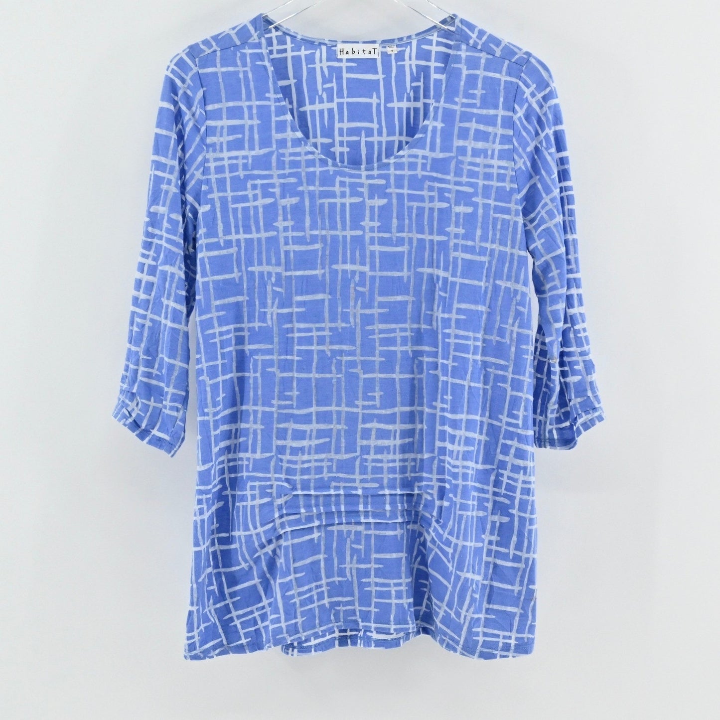 Habitat Womens Tunic Top Size S Blue White Geometric Art to Wear Coastal Casual