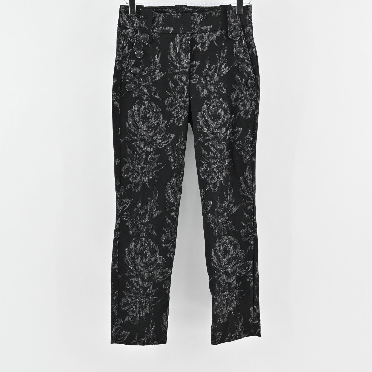 WHBM Brocade Floral Pants Womens 4 Jacquard Floral Tuxedo Silver Button Metallic