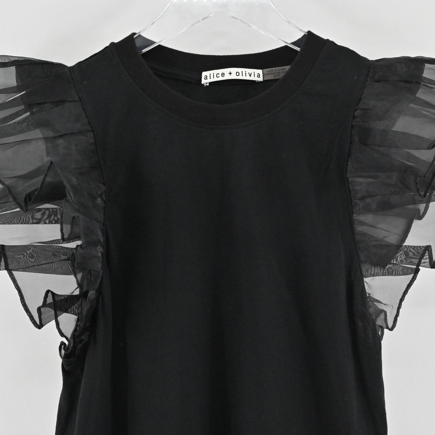 Alice Olivia Womens Garner Top Size XS Boxy Organza Sleeve Tee Black Blouse