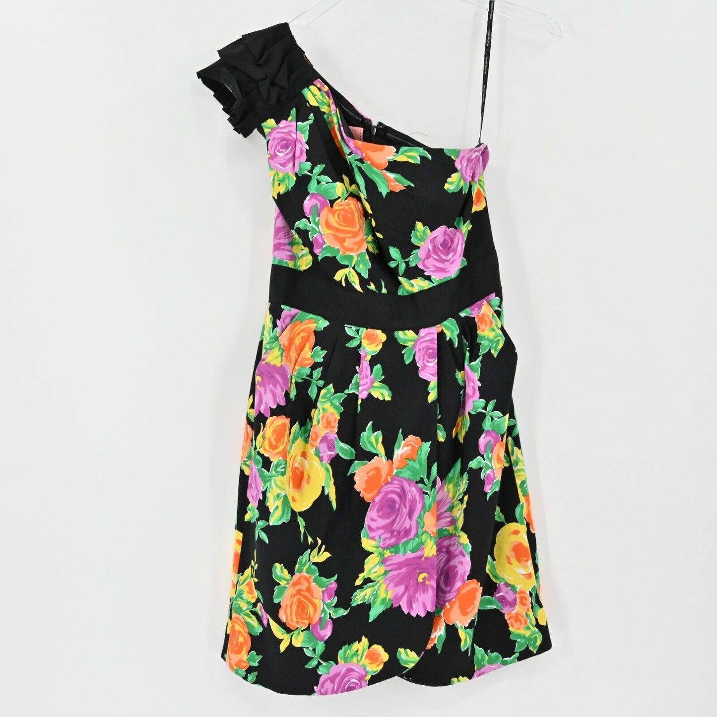 PHOEBE COUTURE Womens Size 2 One Shoulder Black Floral Dress Gathered Pleated