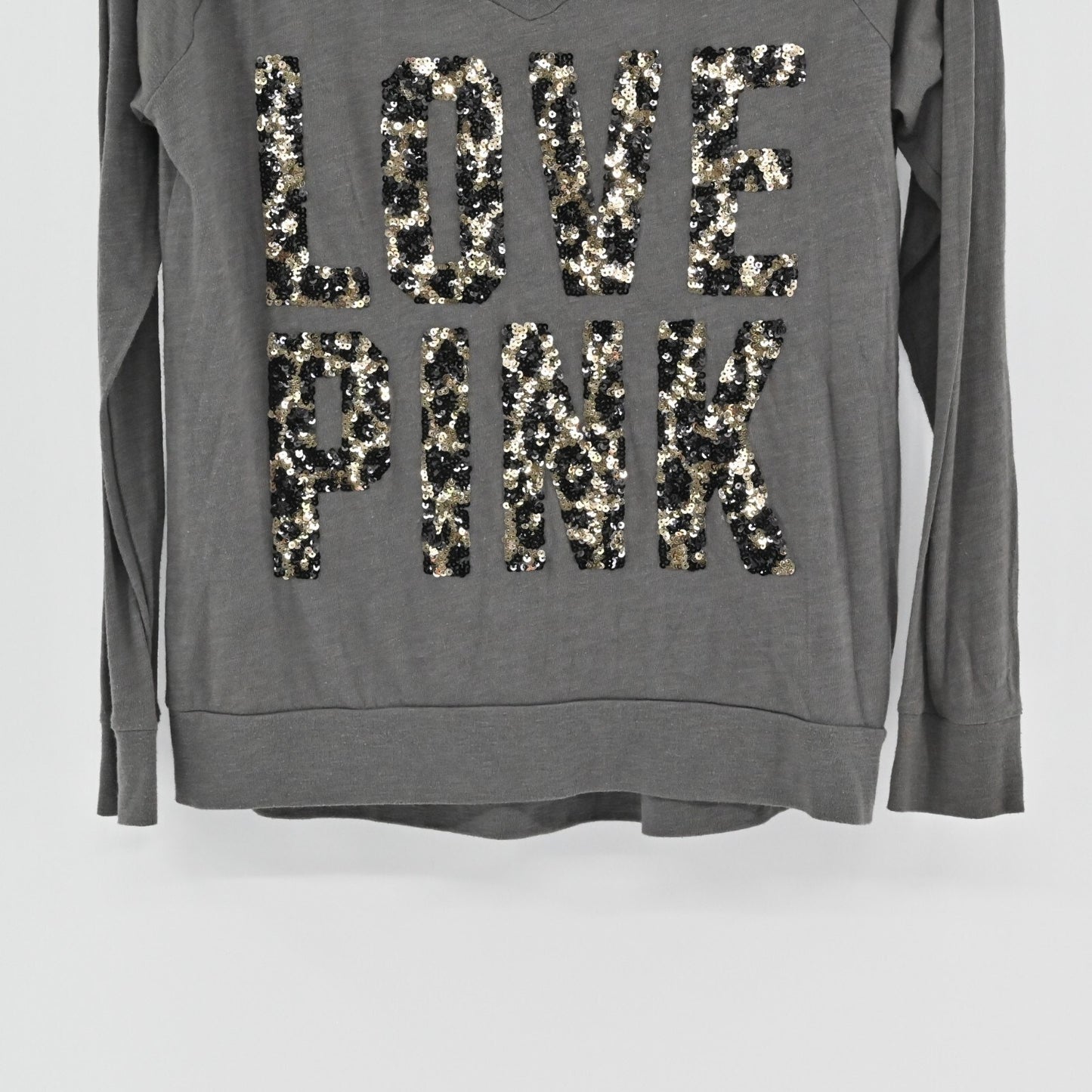 Vtg VS PINK Sequin Top Womens Sz S Y2k Love Gray Animal Print Long Sleeve V Neck