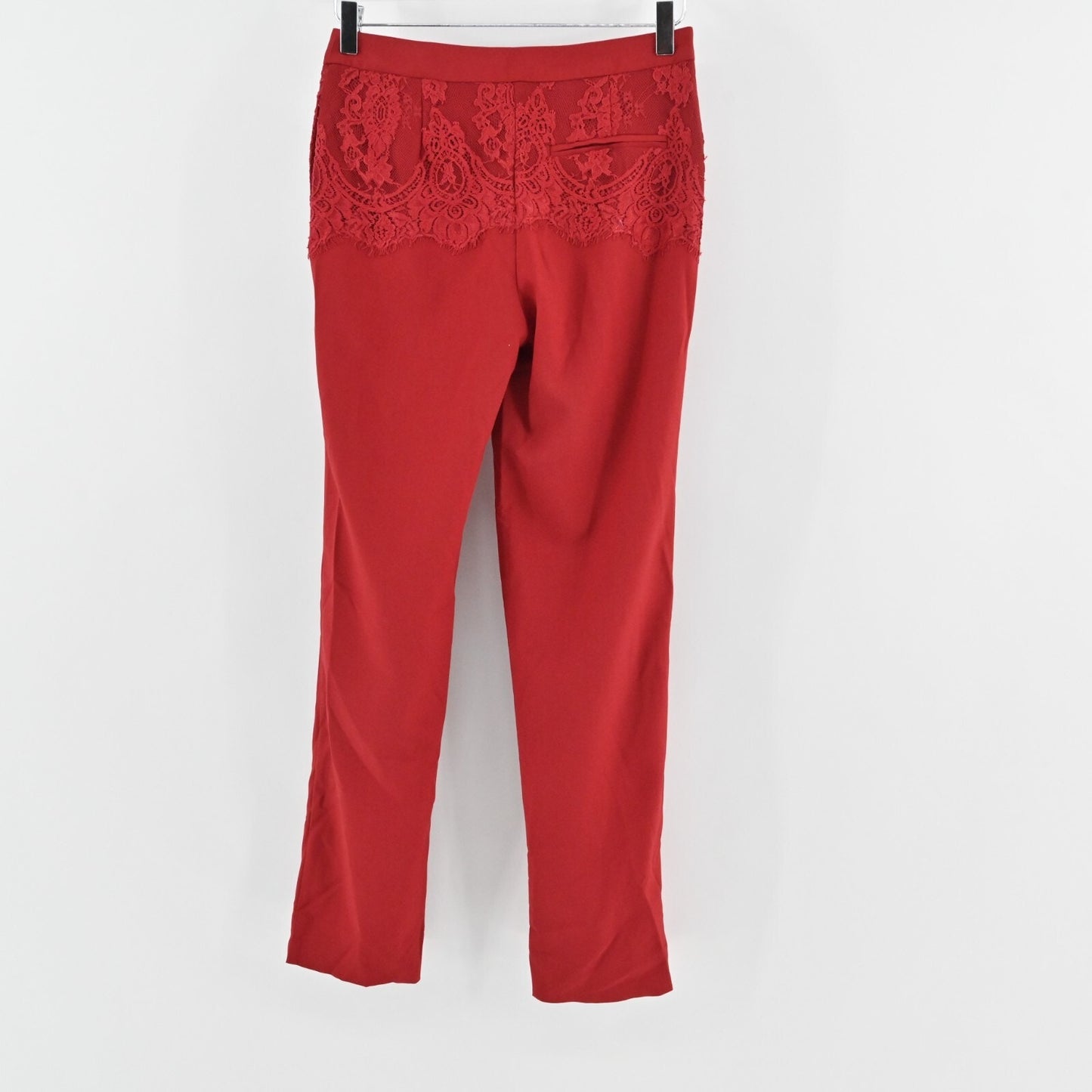 AIJEK Womens Red Pants Size S Lace Detail Straight Stretch Mid Rise Trousers