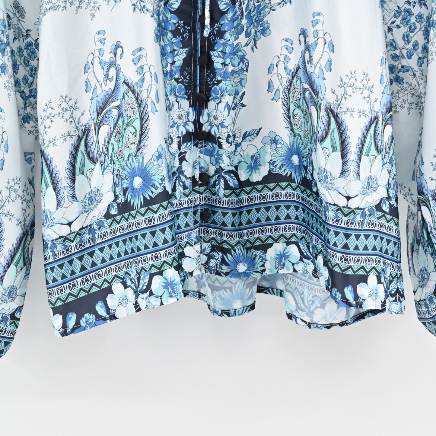 FATE Womens Billow Sleeve Blouse Top Sz S Blue Floral Tie Neck Button Boho Retro