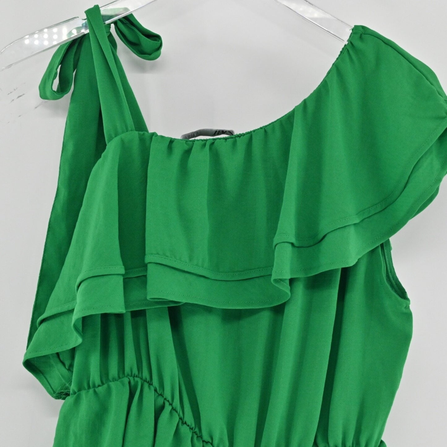 ZARA Womens Green One Shoulder Dress Size L Mini Tiered Ruffle Boho Preppy Beach